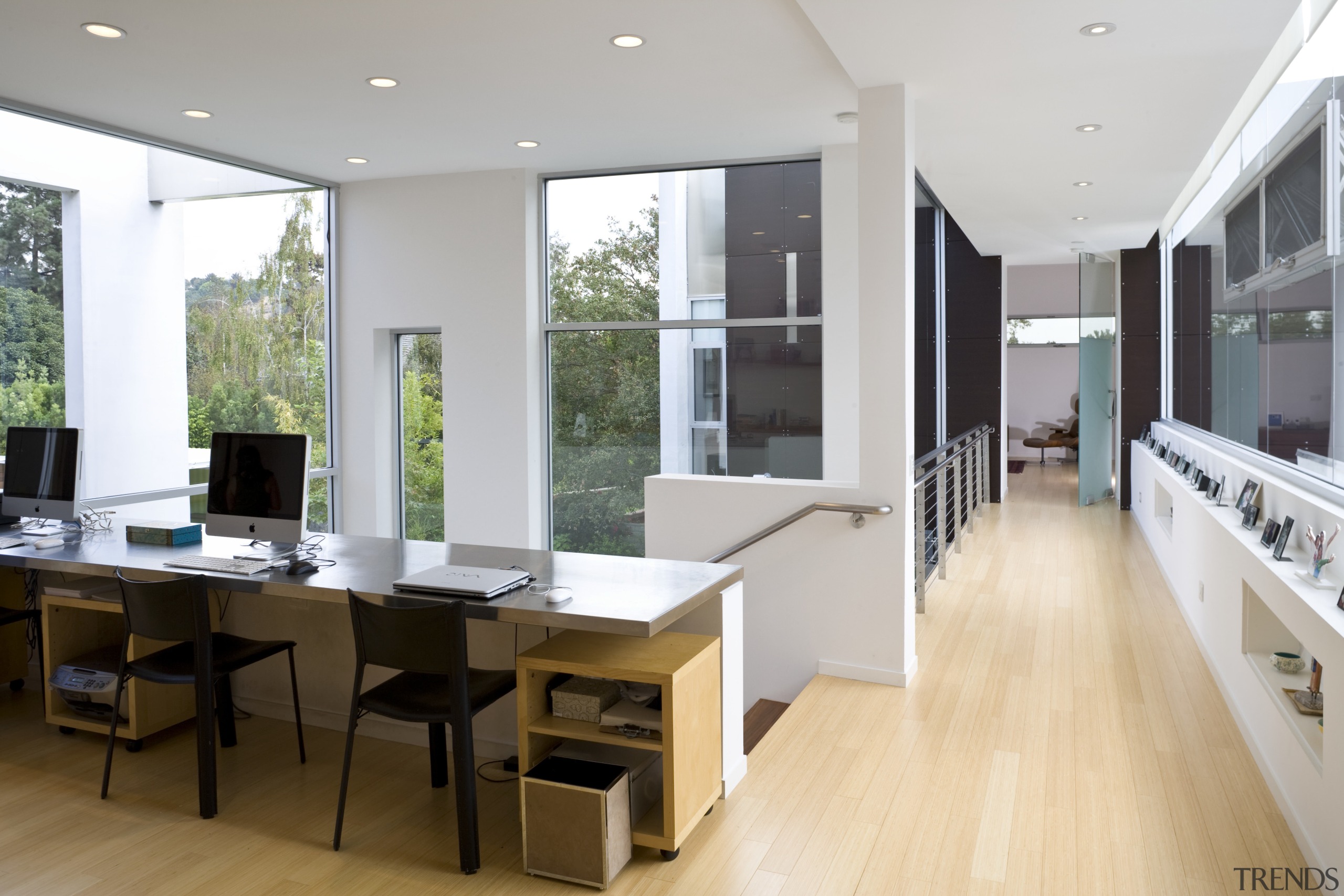 View of the study area which features office architecture, daylighting, house, interior design, table, window, gray