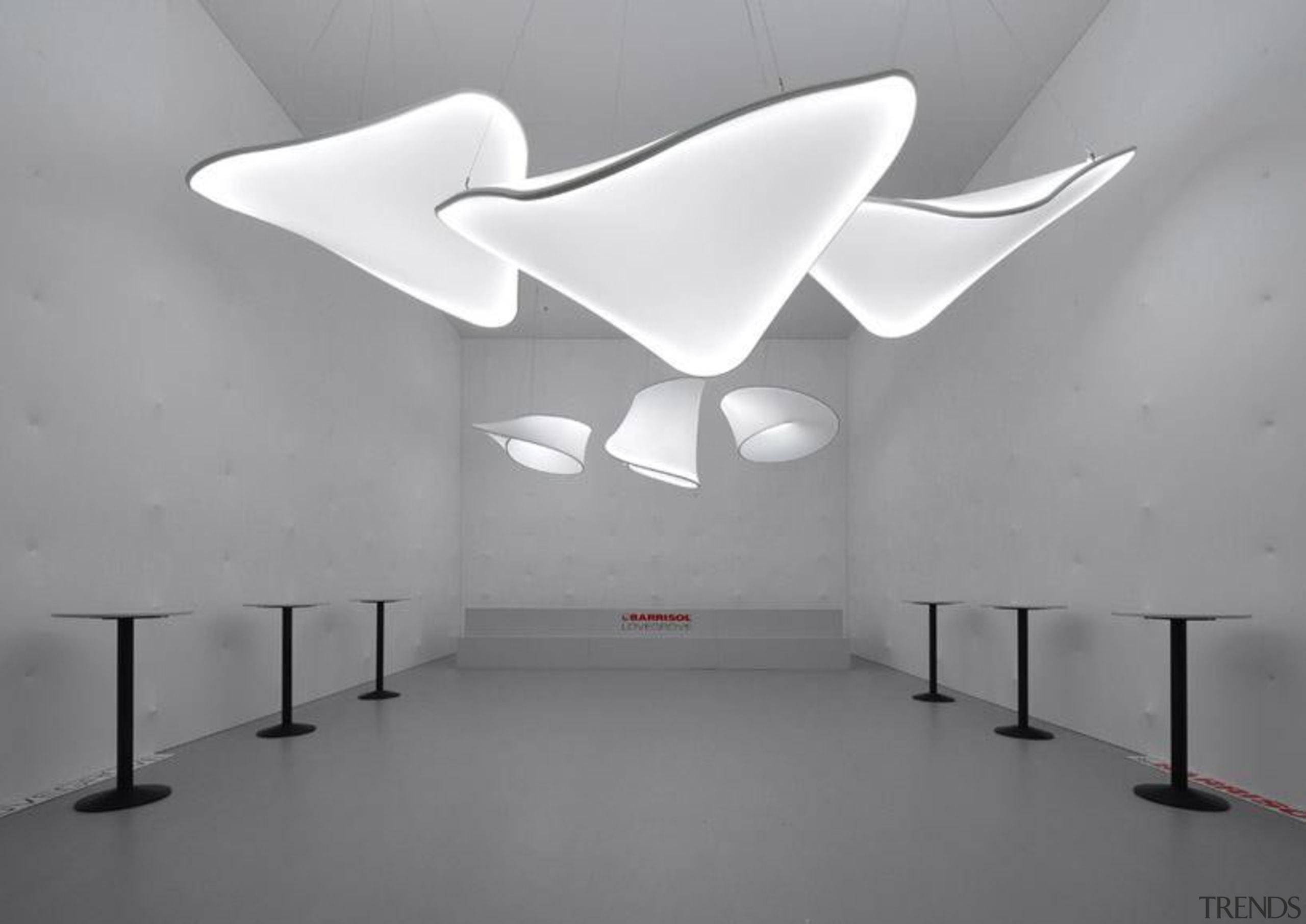 Lighting installation by Ross Lovegrove - Lighting installation black and white, ceiling, design, light fixture, lighting, monochrome, monochrome photography, table, gray