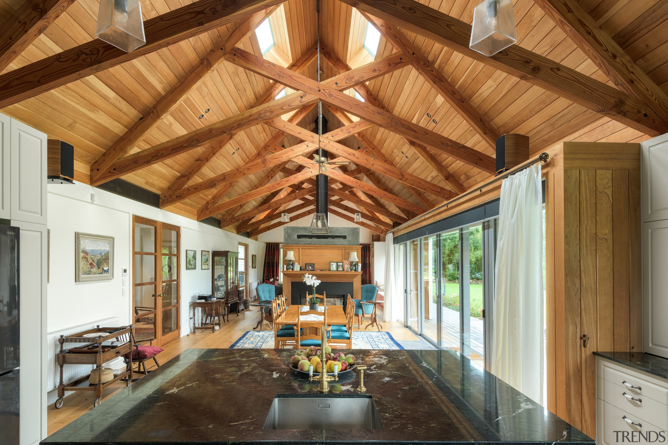 The main living space has a timber ceiling 