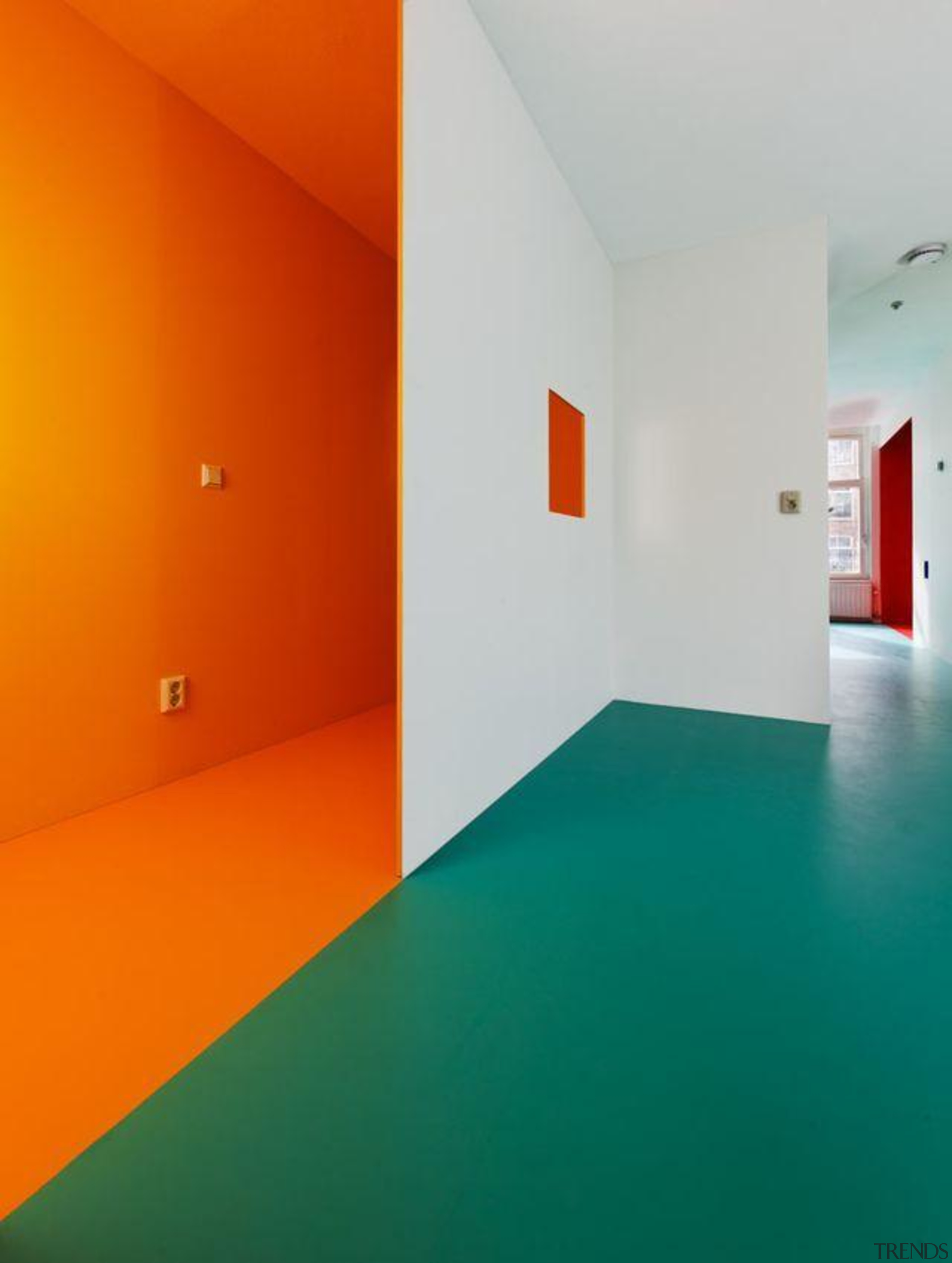 Karel Appelhuis is a tribute to the painter architecture, building, ceiling, floor, flooring, green, house, interior design, line, orange, red, room, space, wall, yellow, gray, red, teal