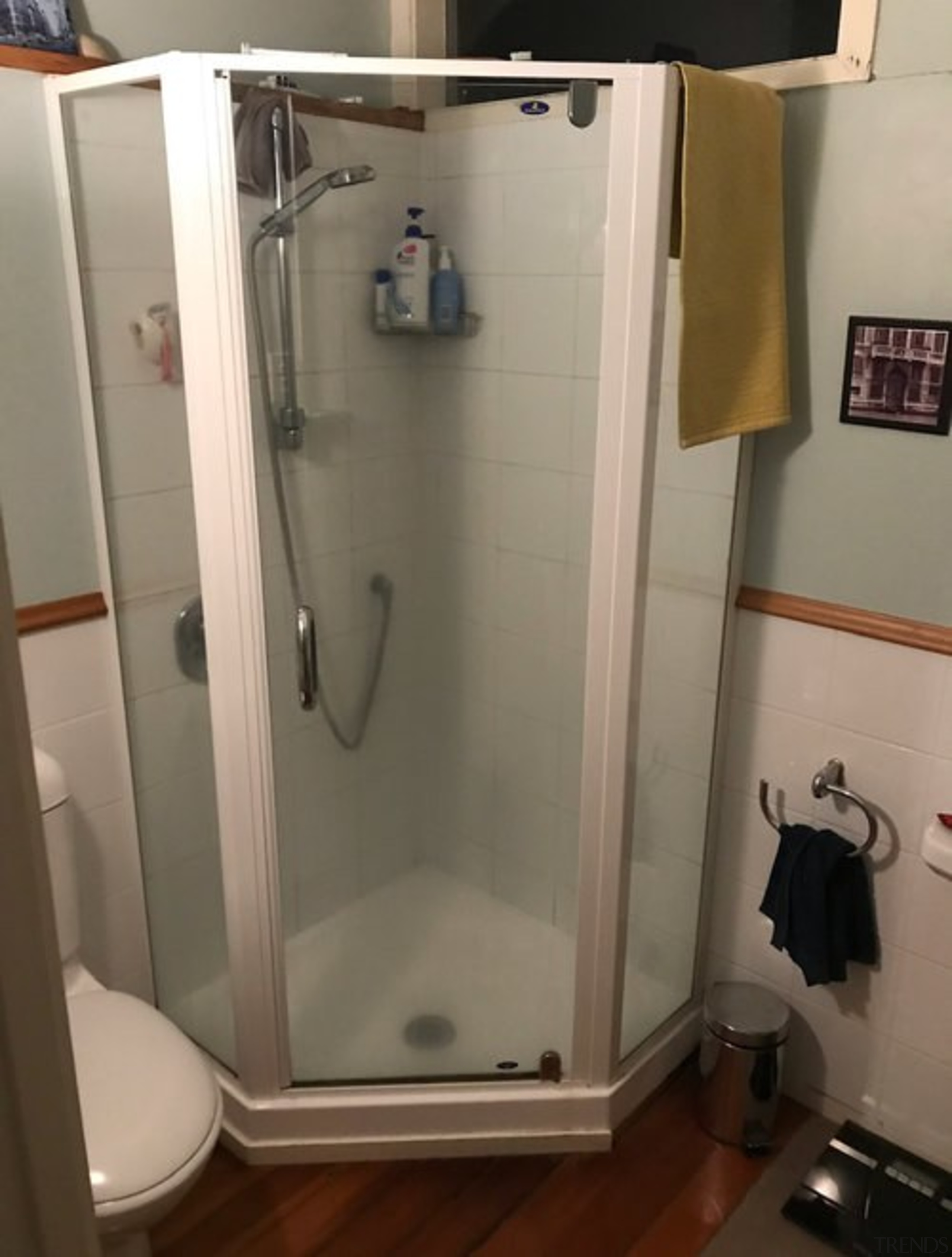 The original rather sad shower stall. - Let's 