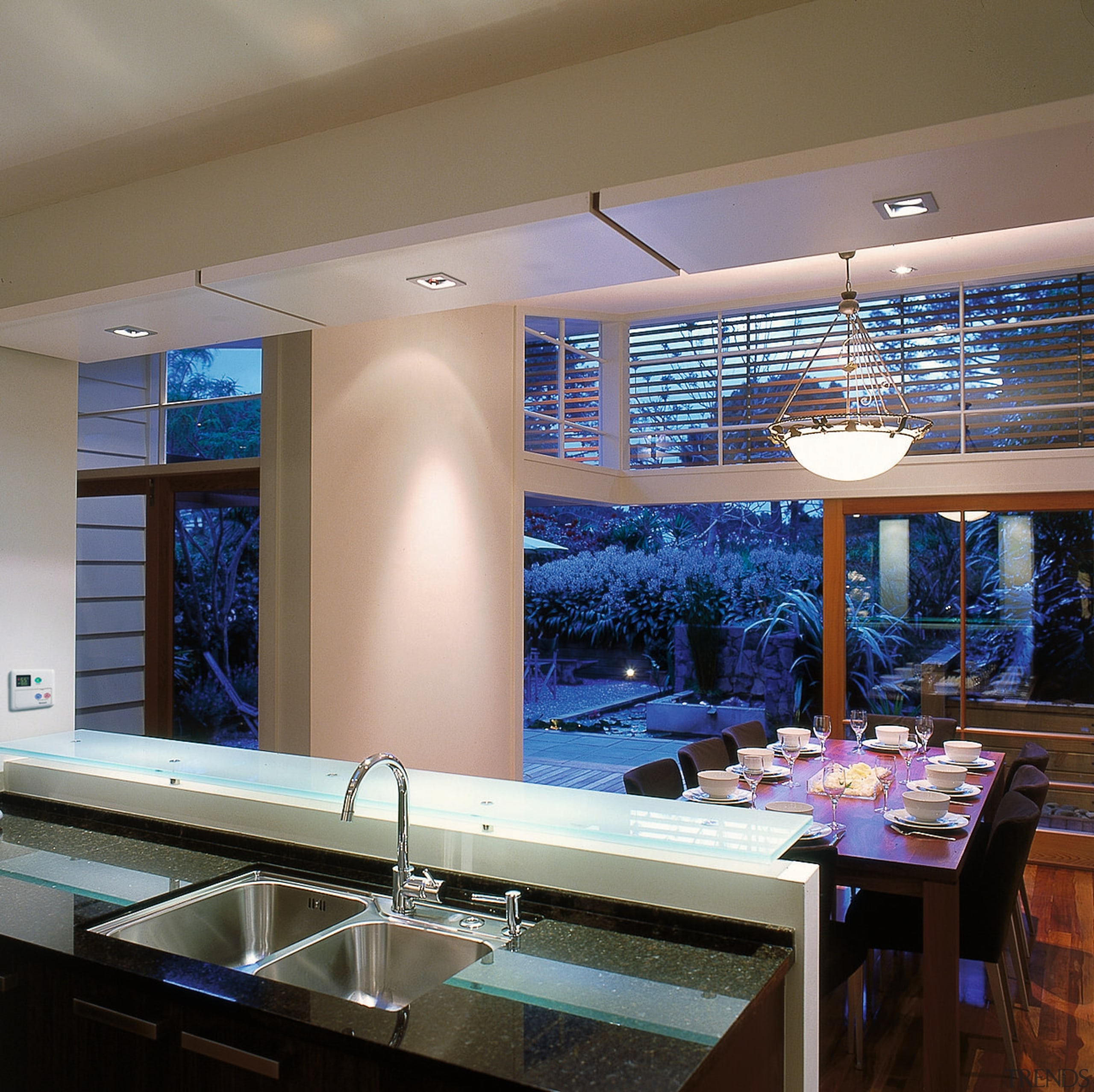 Open plan kitchen with dark marble benchtop, glass ceiling, countertop, daylighting, glass, interior design, kitchen, lighting, real estate, room, window, gray