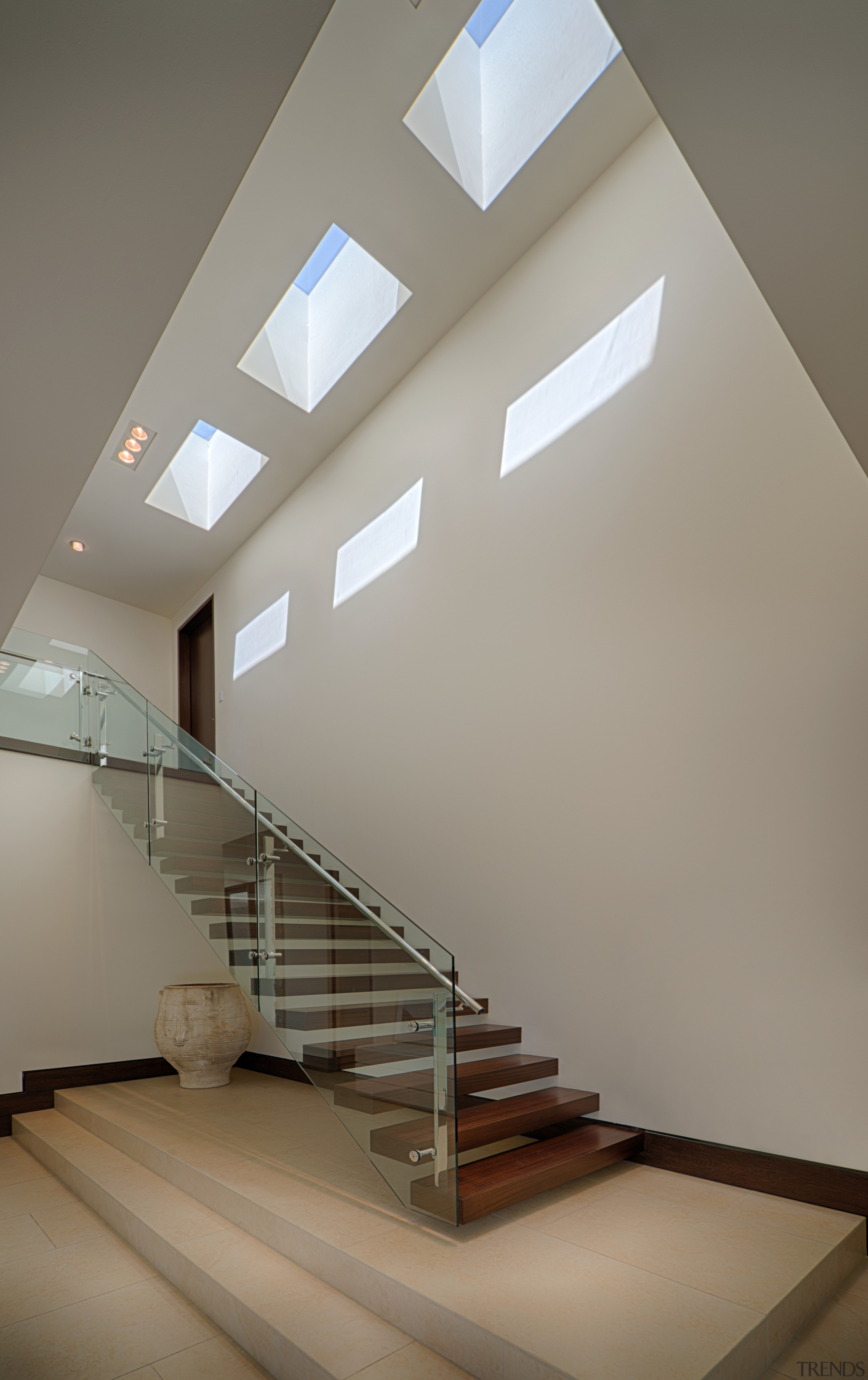 Main staircase in new house by architect Mark architecture, ceiling, daylighting, glass, handrail, home, house, interior design, product design, stairs, gray