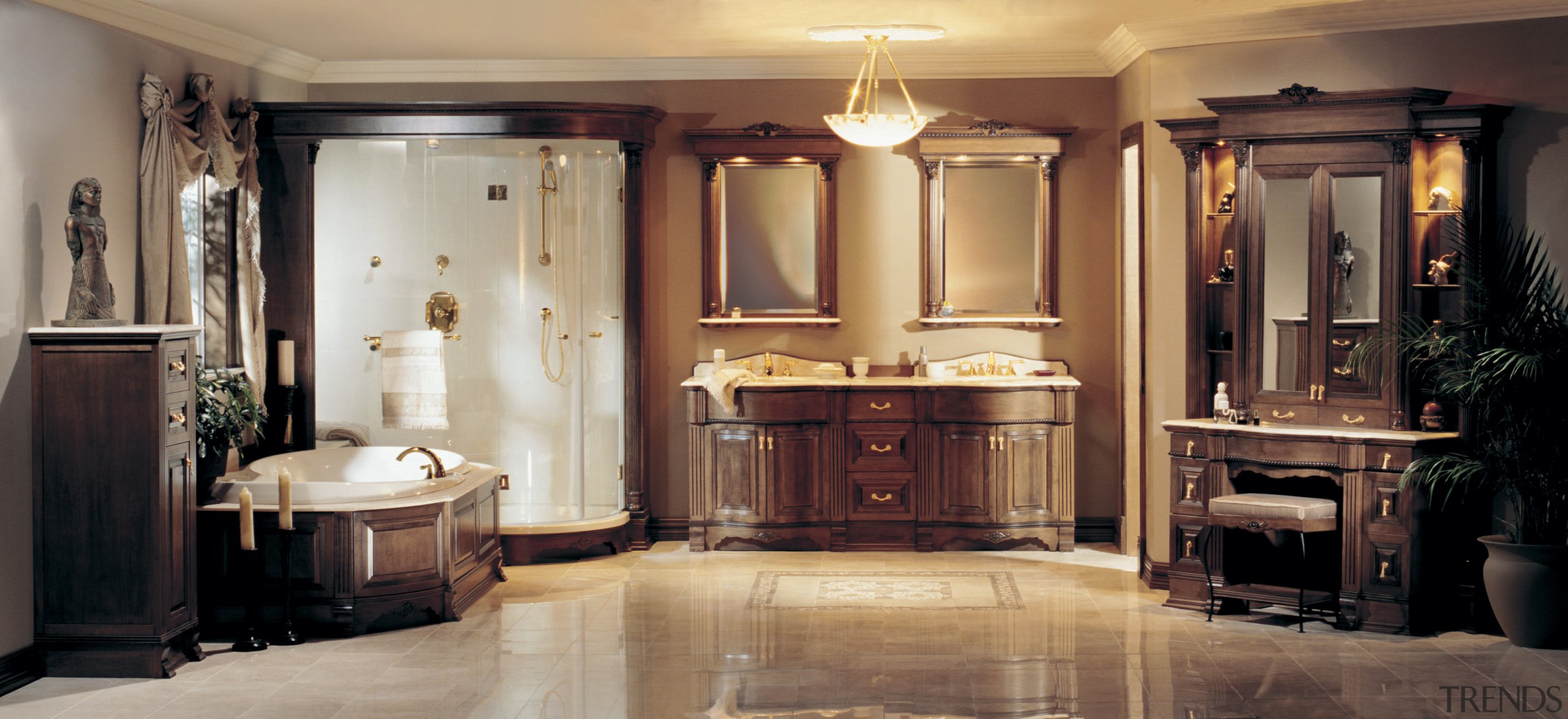 Image of a bathroom which features an integrated bathroom, cabinetry, floor, flooring, furniture, home, interior design, room, black, brown