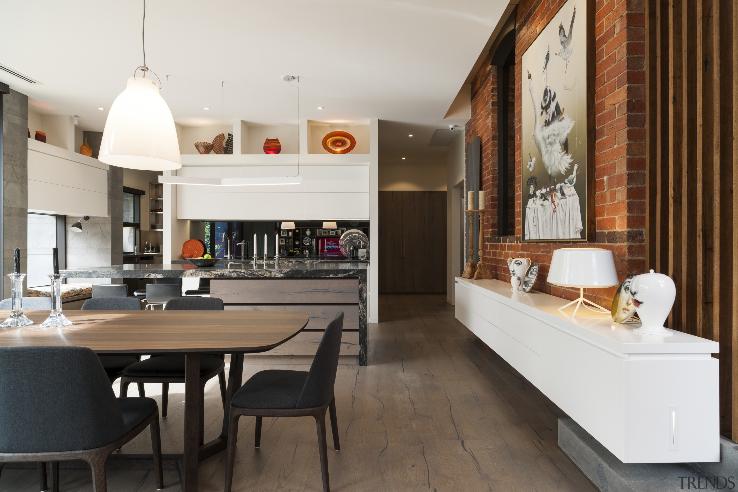 Strong contemporary lines characterise the new addition in countertop, interior design, kitchen, white, brown