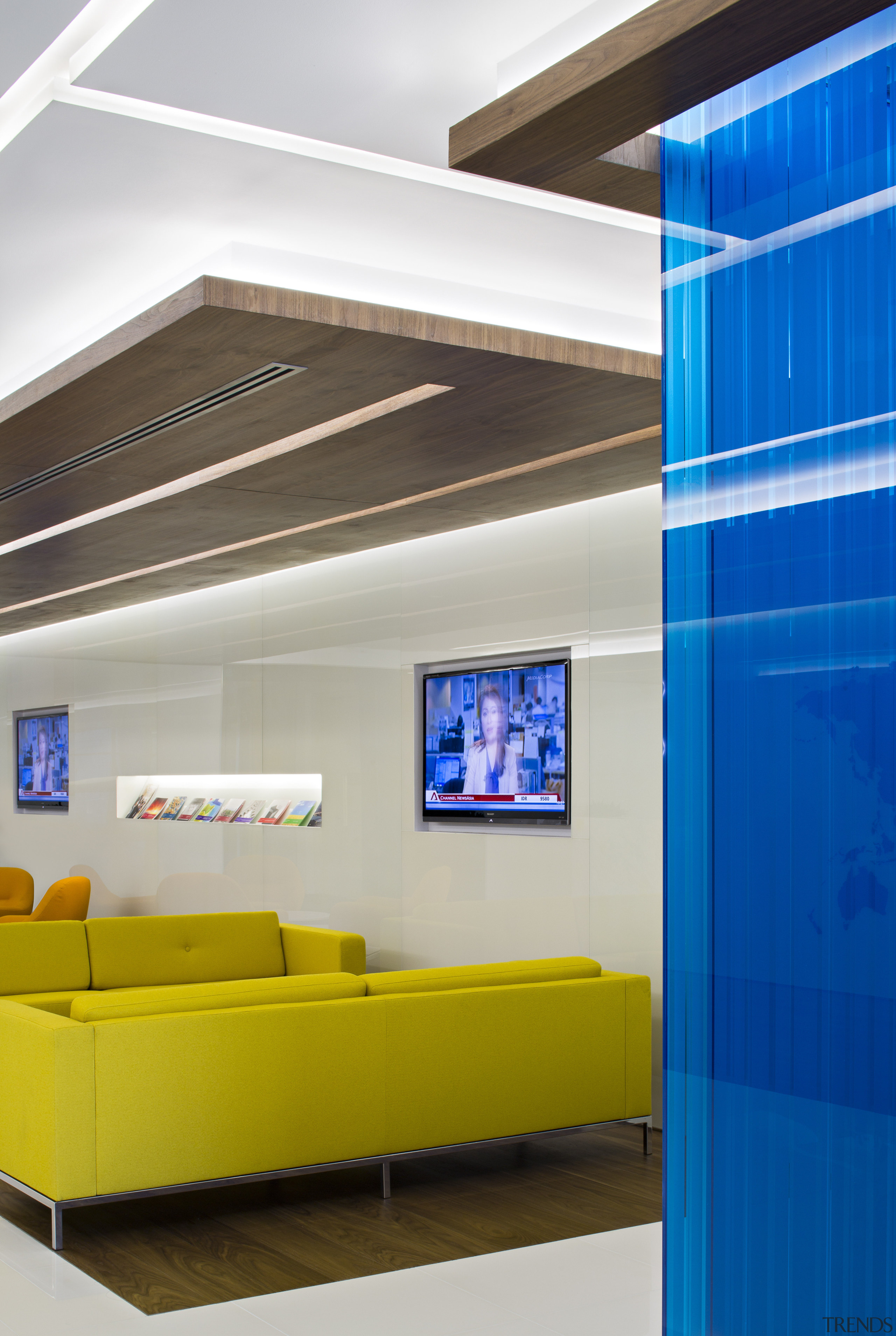 With its glossy white finishes and bold colour architecture, ceiling, daylighting, interior design, product design, white