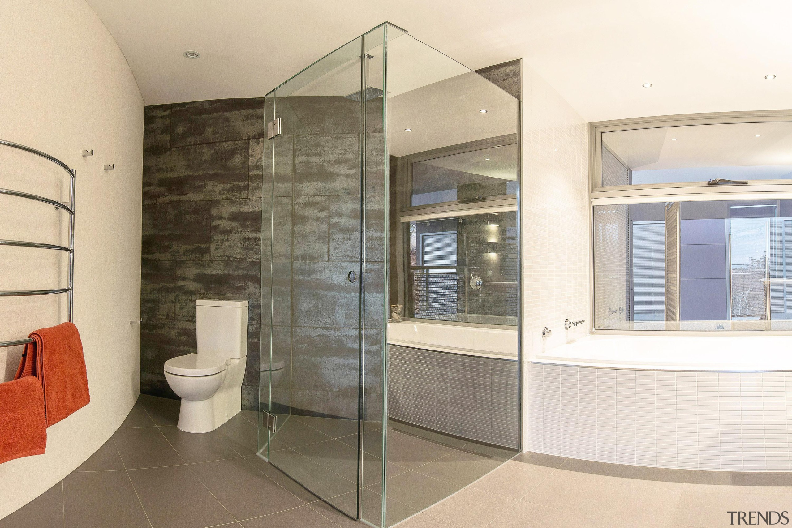 Winner Bathroom Design of the Year 2013 Tasmania architecture, bathroom, estate, floor, flooring, glass, interior design, property, real estate, room, tile, white