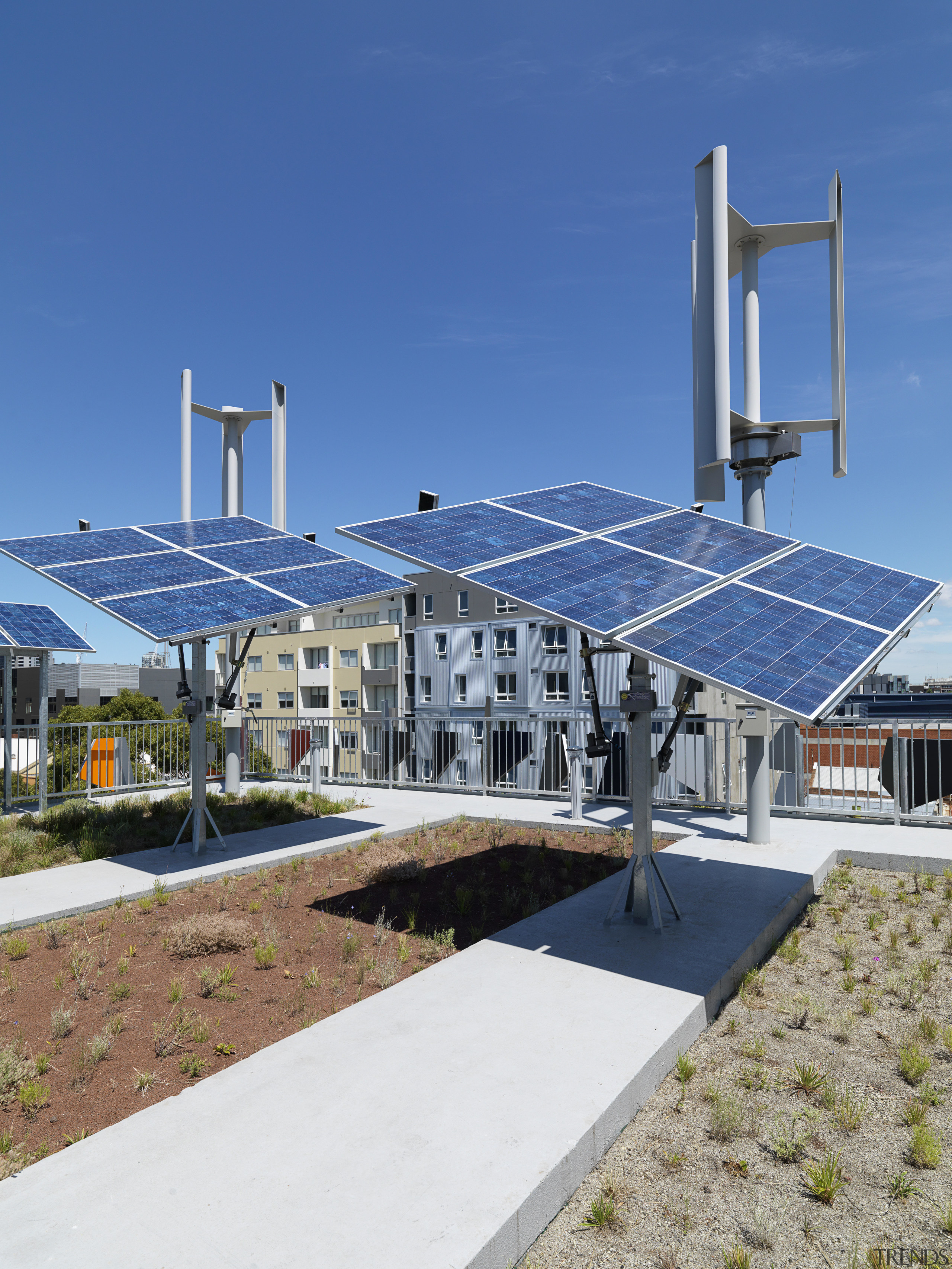 View of photovoltaic solar system on roof of energy, real estate, residential area, roof, sky, blue