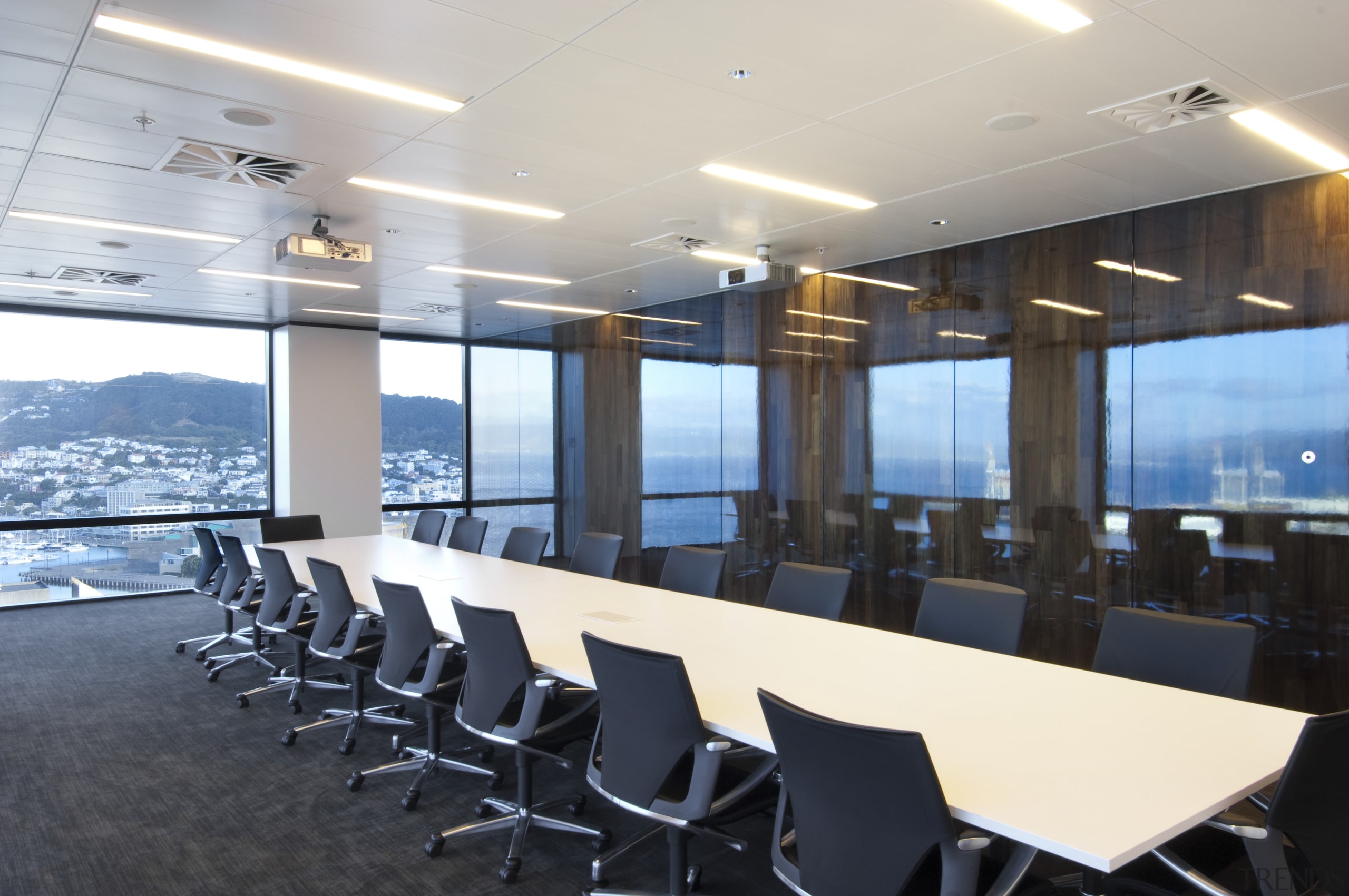 View of the conference room features modern furniture ceiling, conference hall, interior design, table, white, black