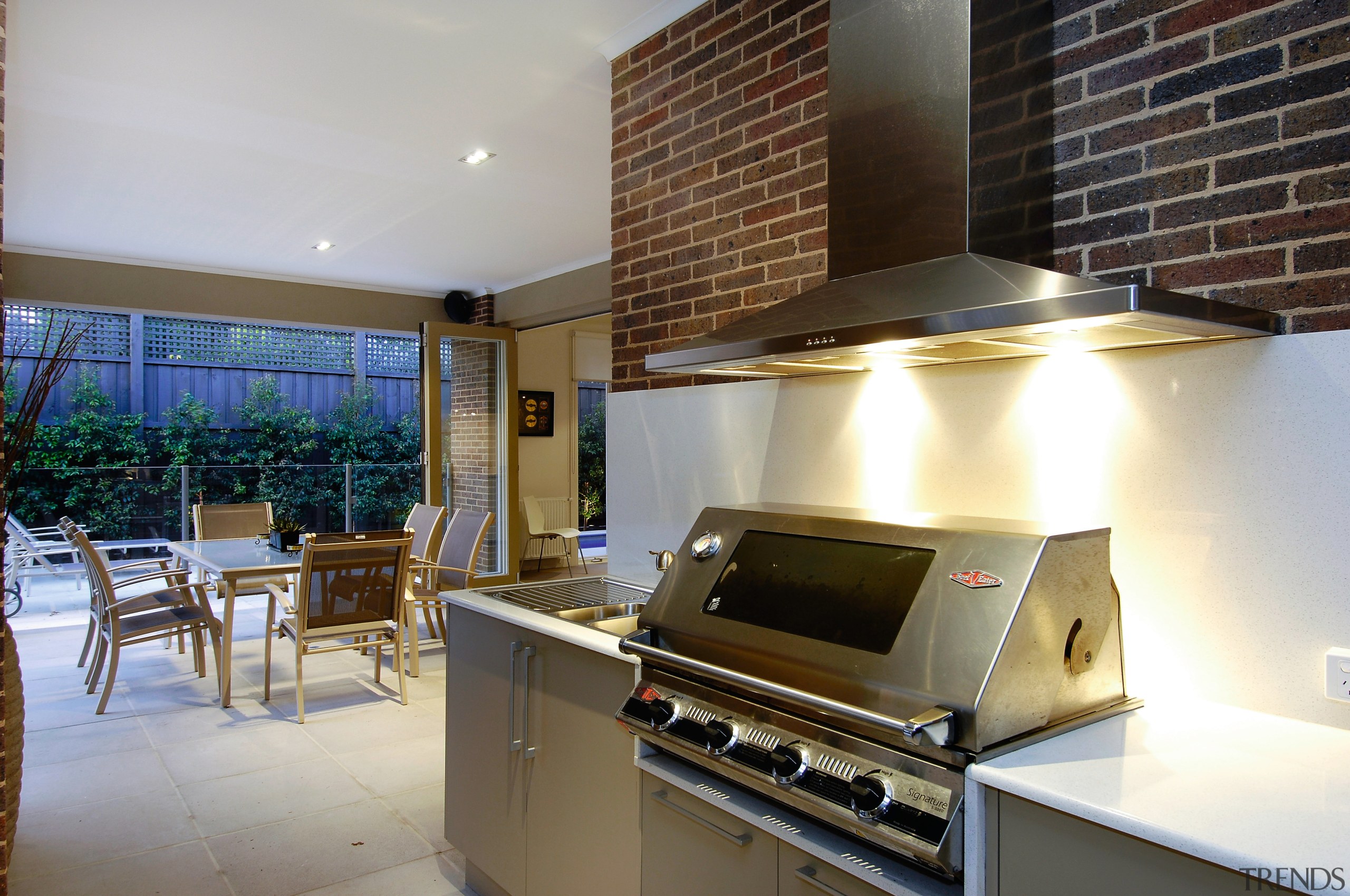 View of the outdoor entertainment area of a countertop, interior design, kitchen, real estate, gray