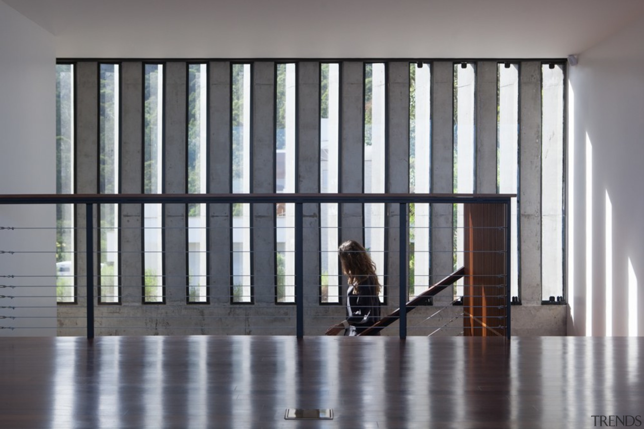 Stepping down to a lower level - architecture architecture, building, daylighting, glass, handrail, house, structure, tourist attraction, wall, window, gray