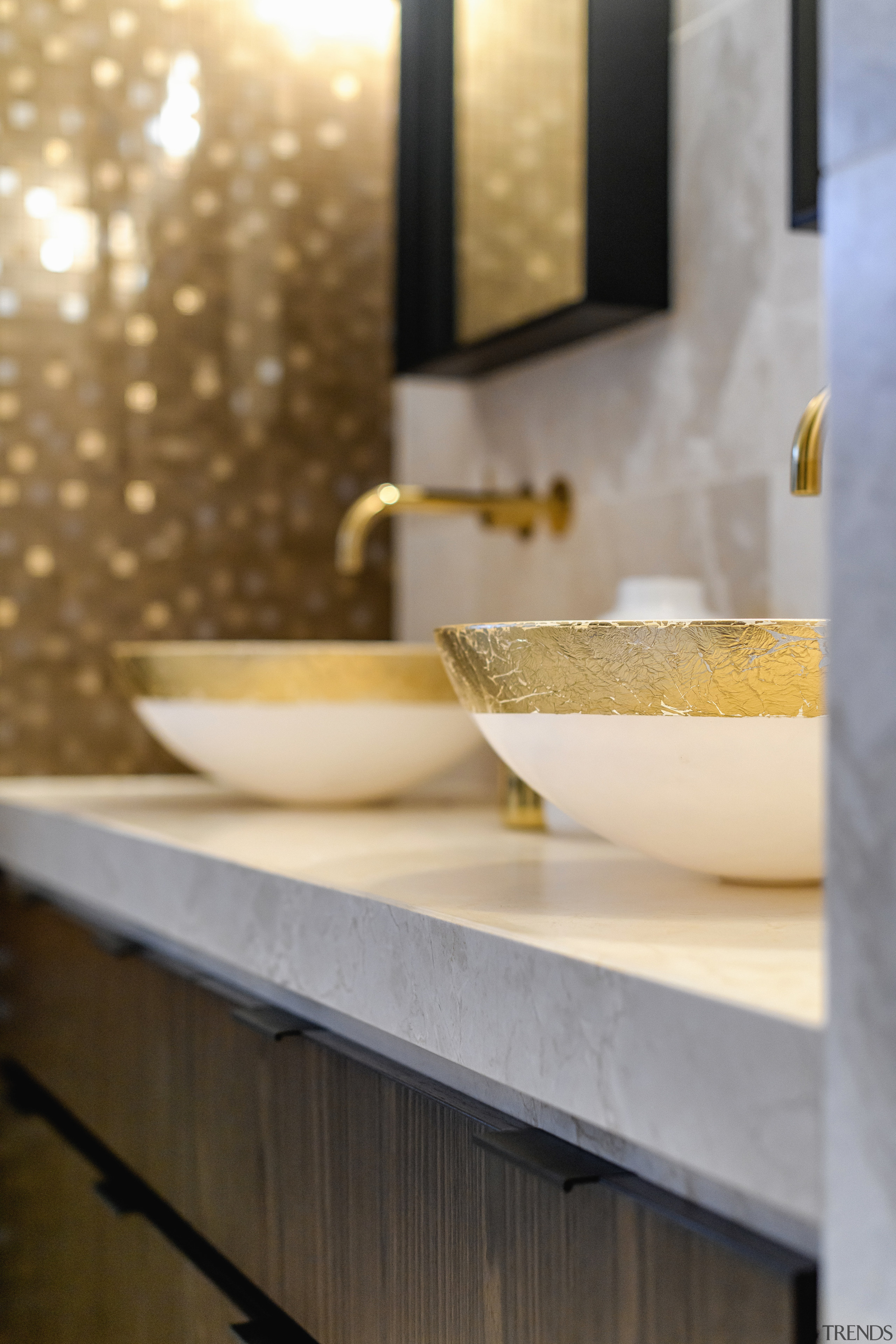 ​​​​​​​All that glitters –  blown glass bowls hand-painted architecture, bathroom, countertop, marble, plumbing fixture, sink, Davinia Sutton, blown glass bowls, marble