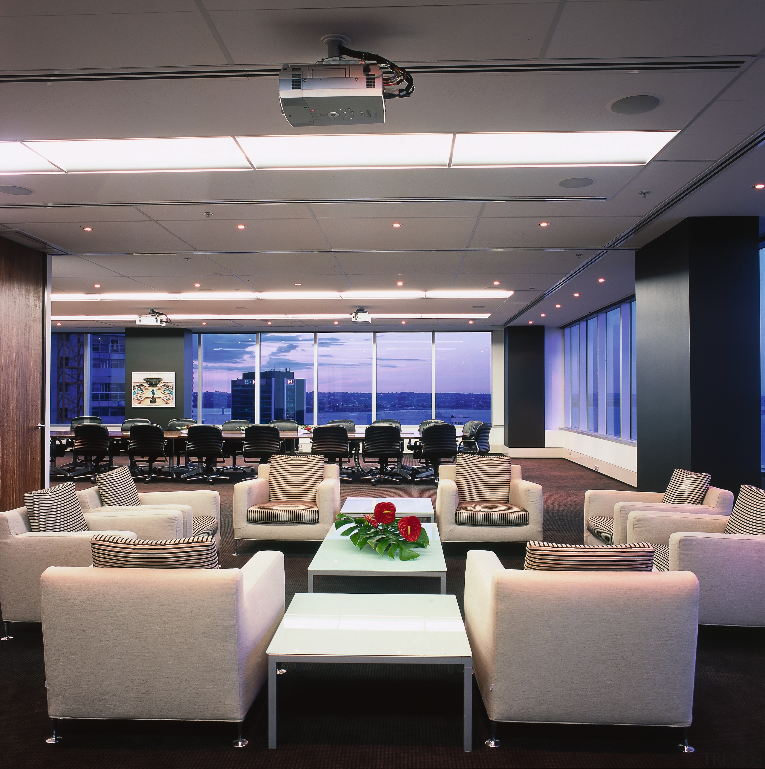 A view of the boardroom and lounge, white ceiling, conference hall, interior design, gray, black
