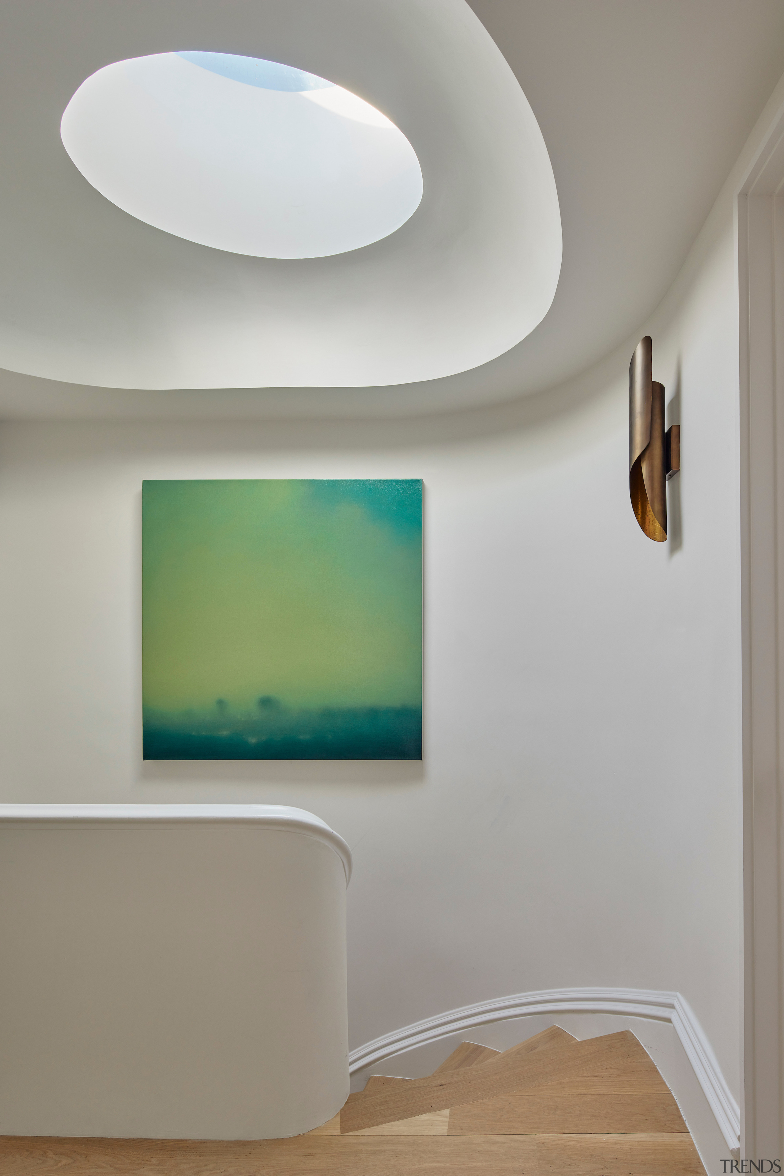 Sculptural skylight at the top of the stairs. 