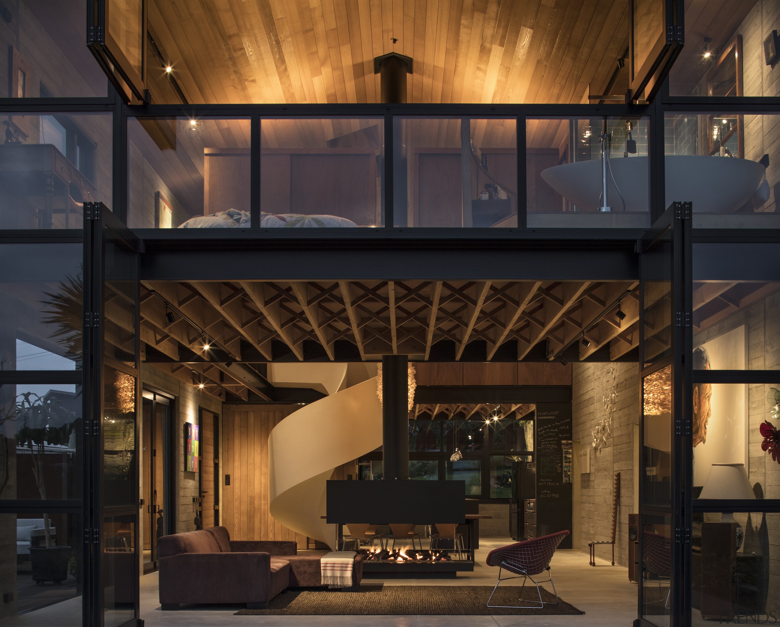 Mezzanine spaces sit at both ends of the architecture, home, interior design, lighting, black