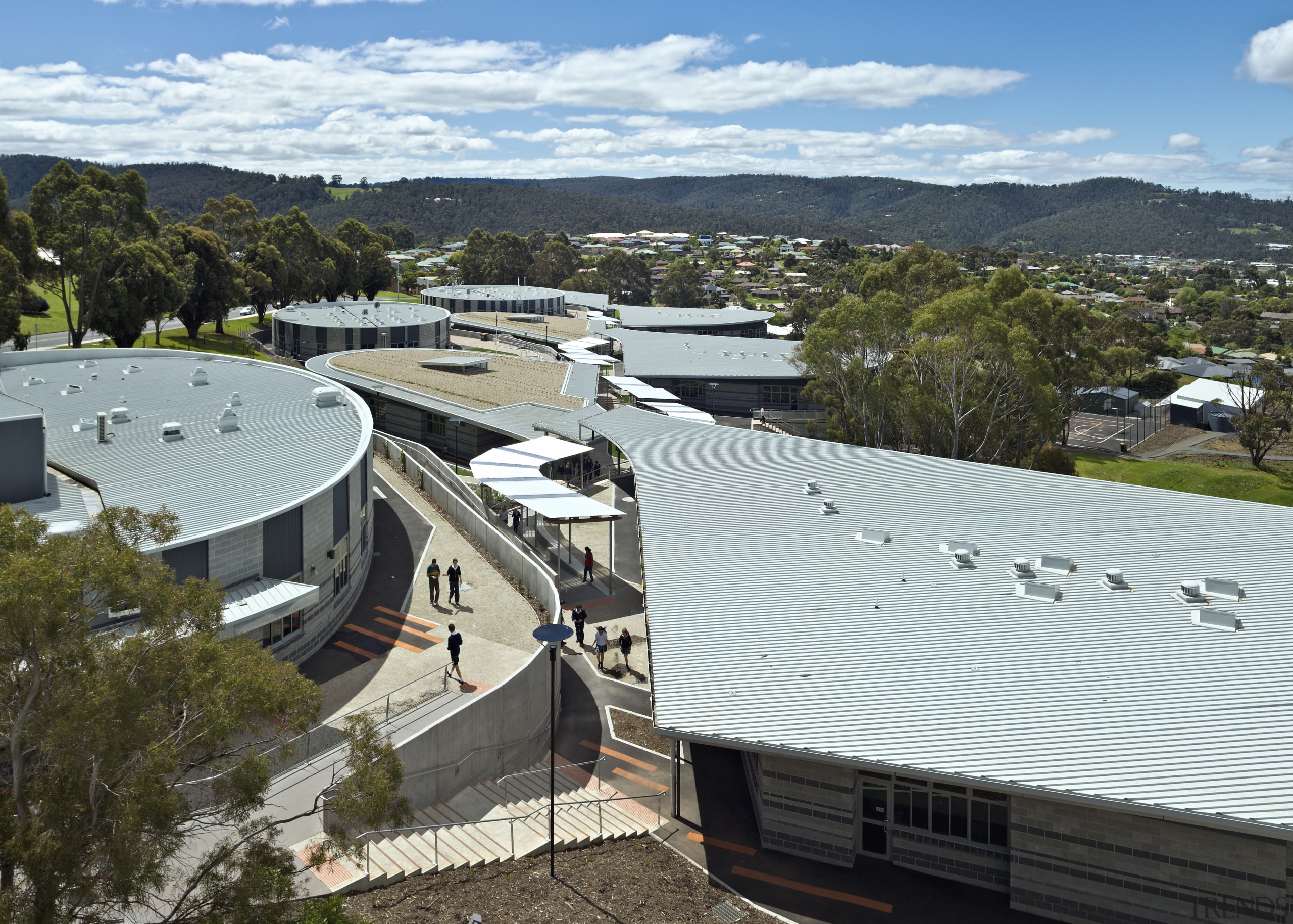 View down to school buildings. - View down outdoor structure, real estate, roof, water, white