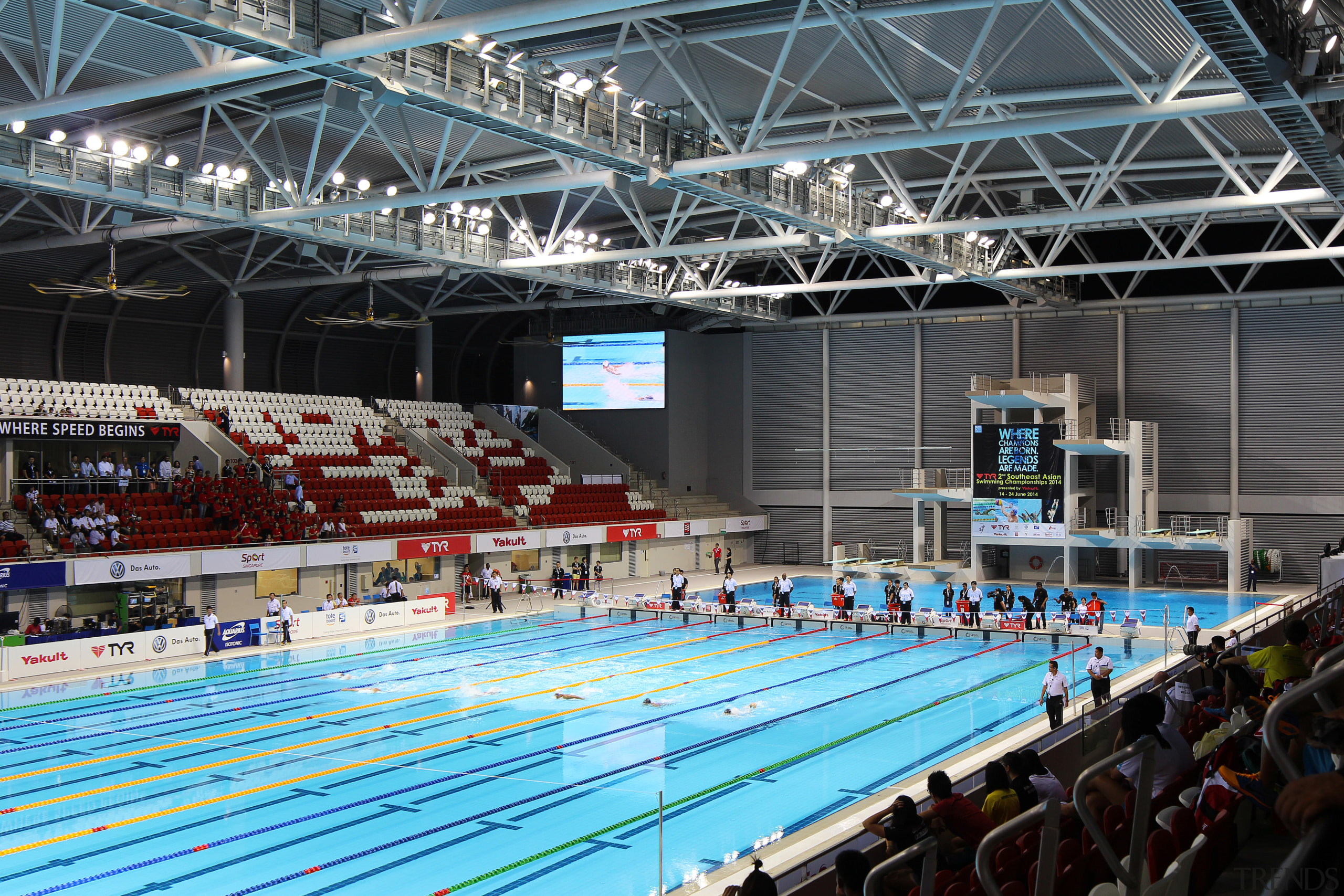 The OCBC Aquatic Centre was designed by Arup arena, championship, competition, competition event, indoor games and sports, leisure, leisure centre, recreation, sport venue, sports, structure, black, gray