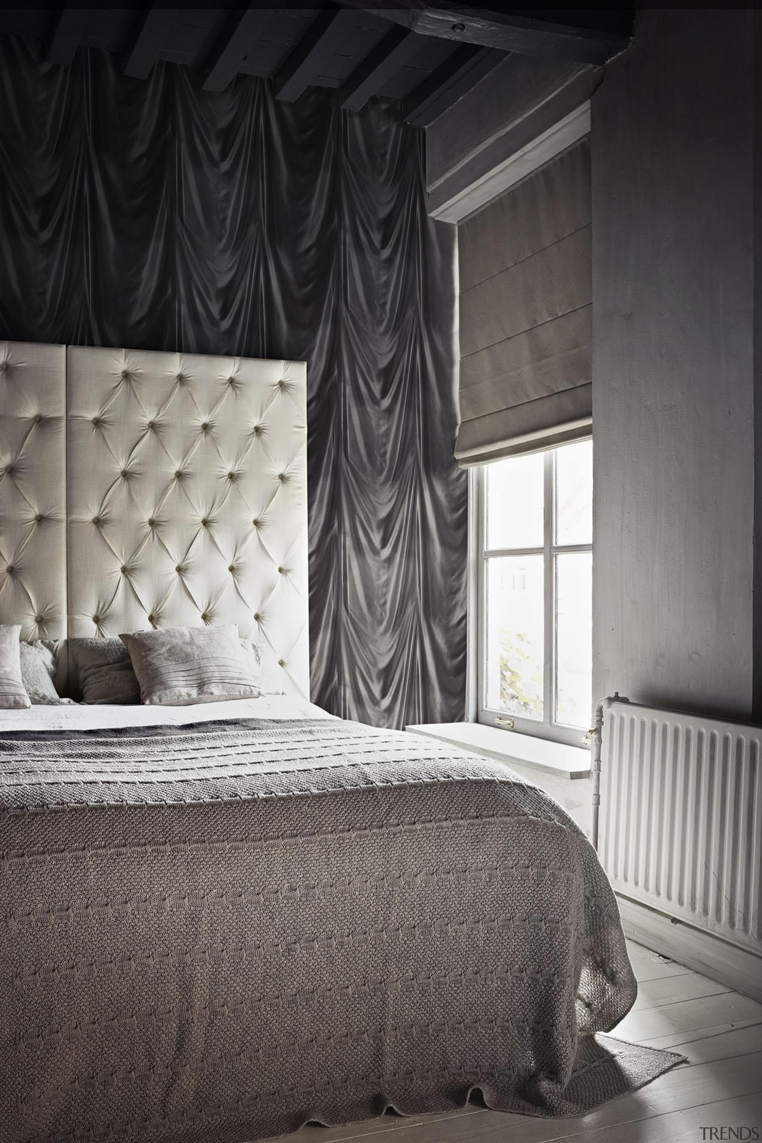 Caravaggio Range - Caravaggio Range - bed | bed, bed frame, bed sheet, bedroom, black, black and white, curtain, floor, furniture, interior design, mattress, monochrome photography, room, textile, wall, window, window covering, window treatment, wood, black, gray