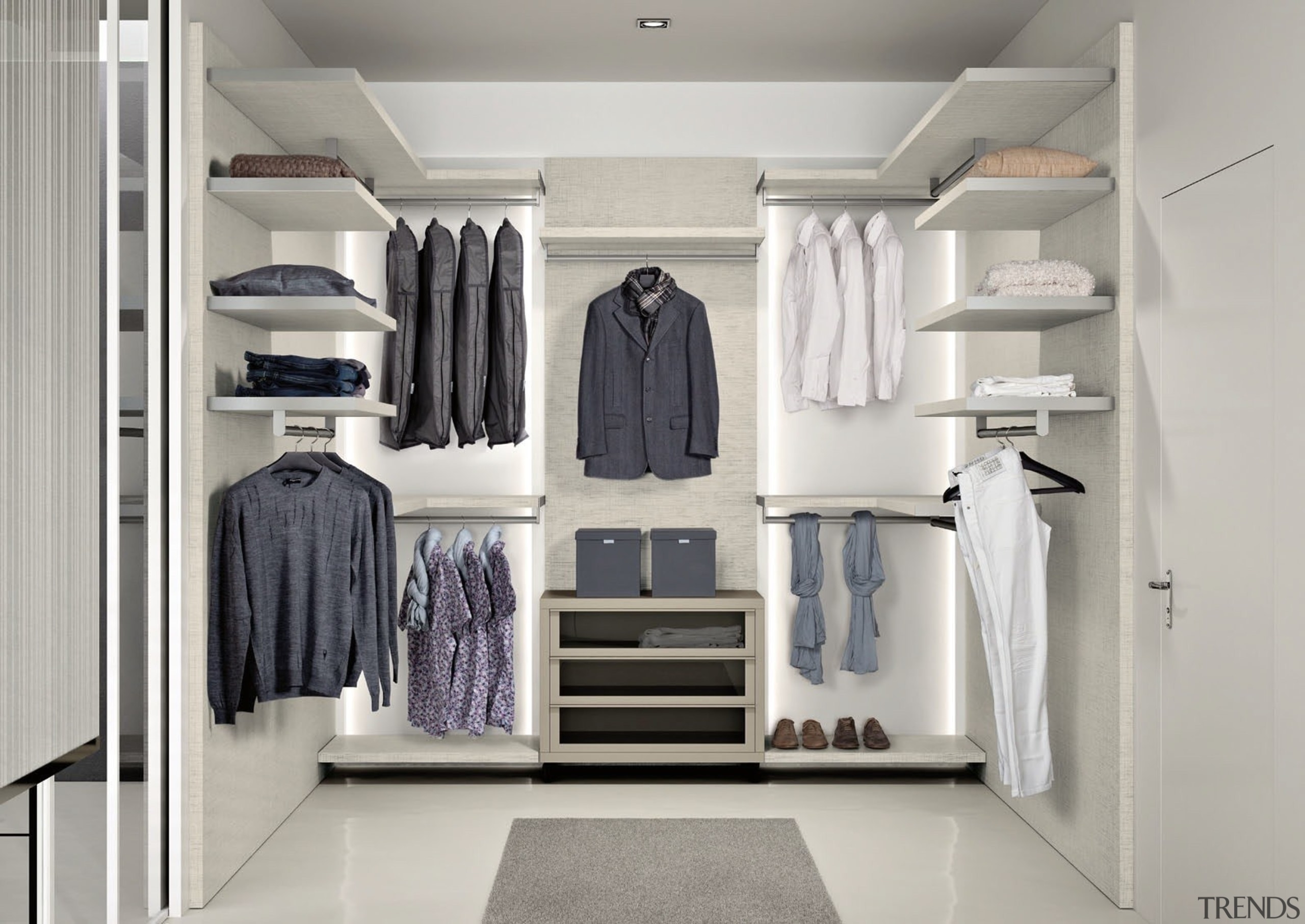 For more information, please visit www.archinteriors.co.nz closet, clothes hanger, furniture, product, room, wardrobe, gray