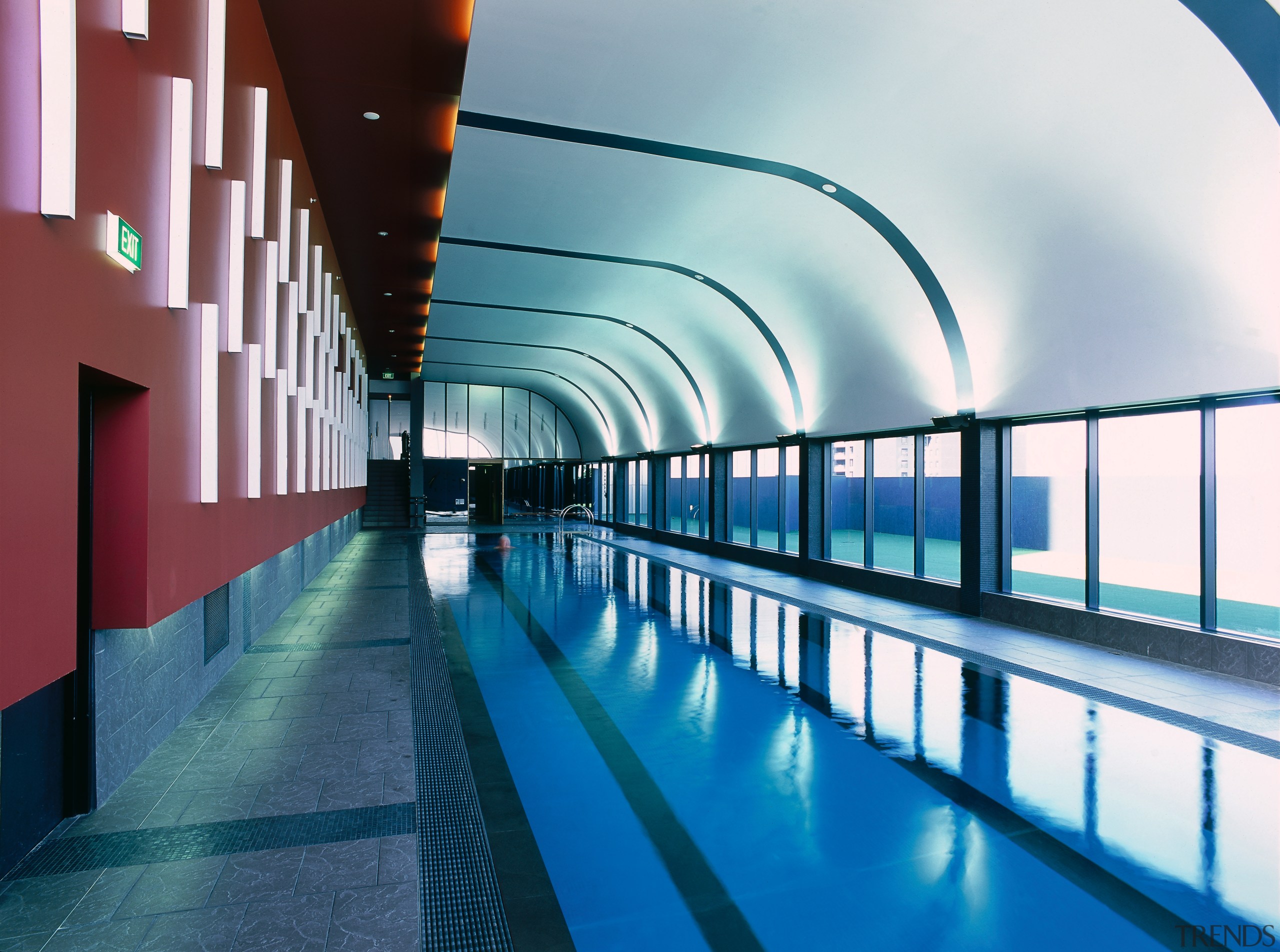 view of the 25m lap pool  on architecture, blue, daylighting, fixed link, leisure, leisure centre, metropolitan area, reflection, sky, structure, swimming pool, water, white, teal