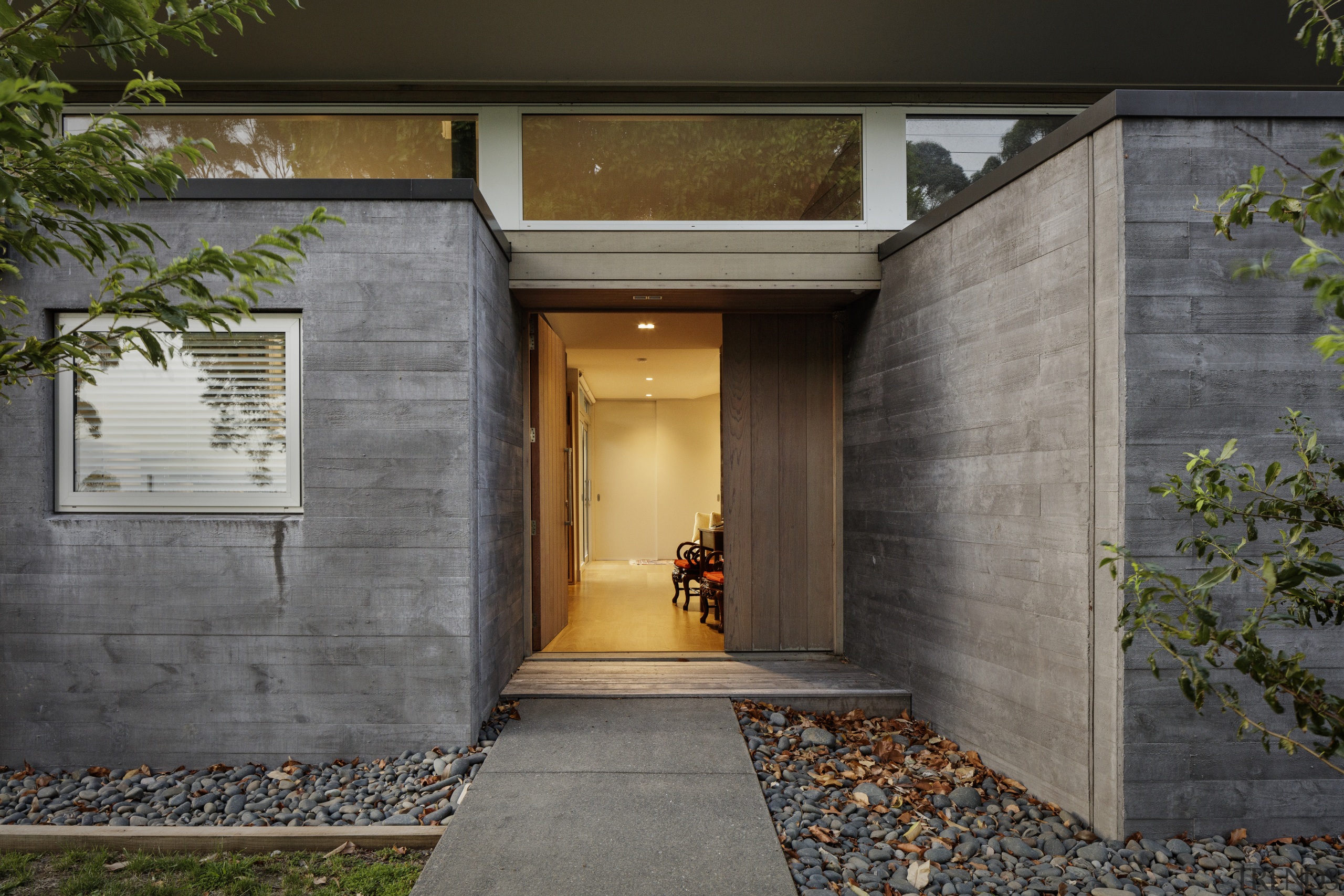 A tapered forced perspective view between concrete boxes architecture, building, concrete, door, estate, facade, cladding, home, house, interior design, property, real estate, residential area, tree, wall, yellow, gray, black