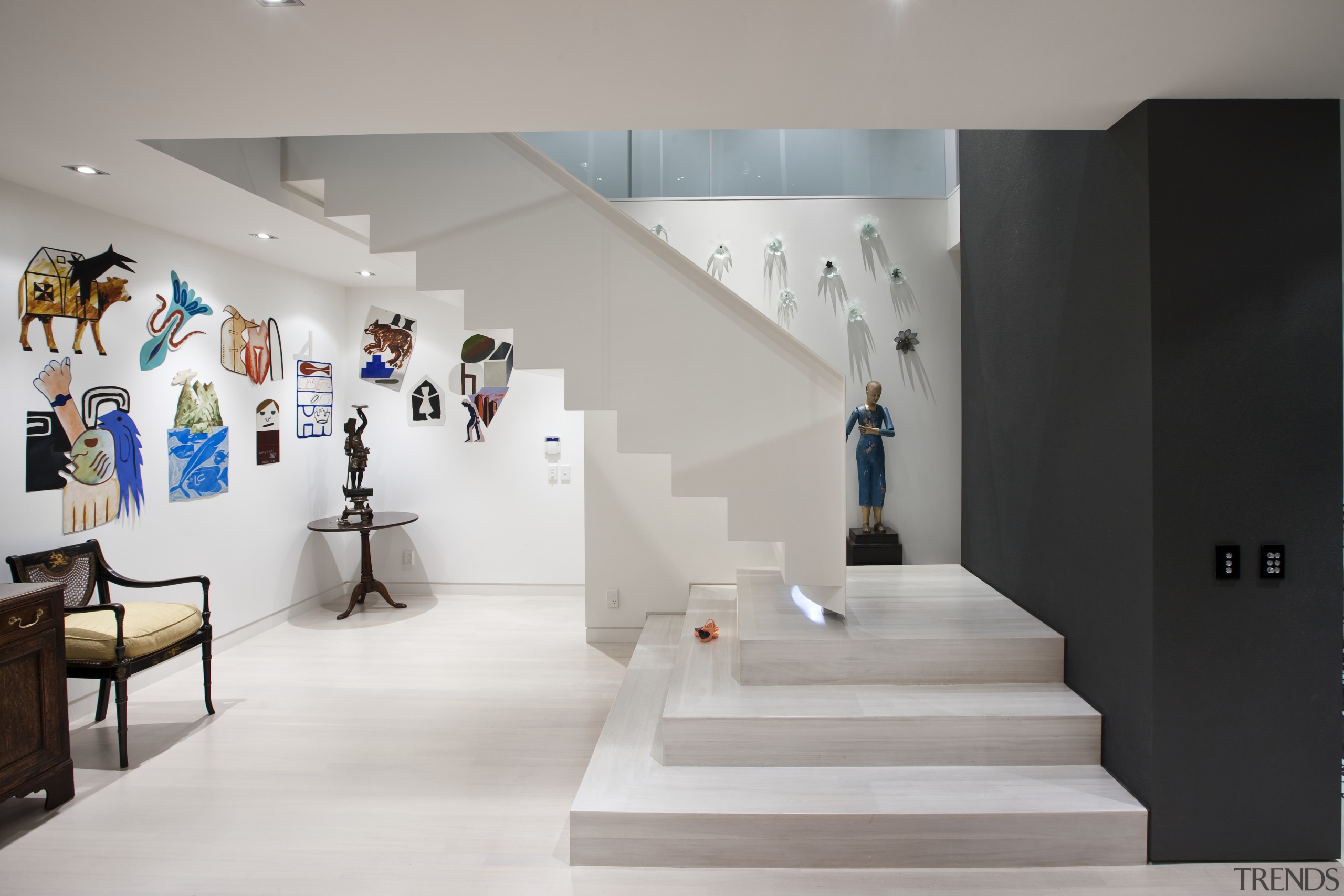 View of renovated home with black and white exhibition, floor, flooring, interior design, product design, gray