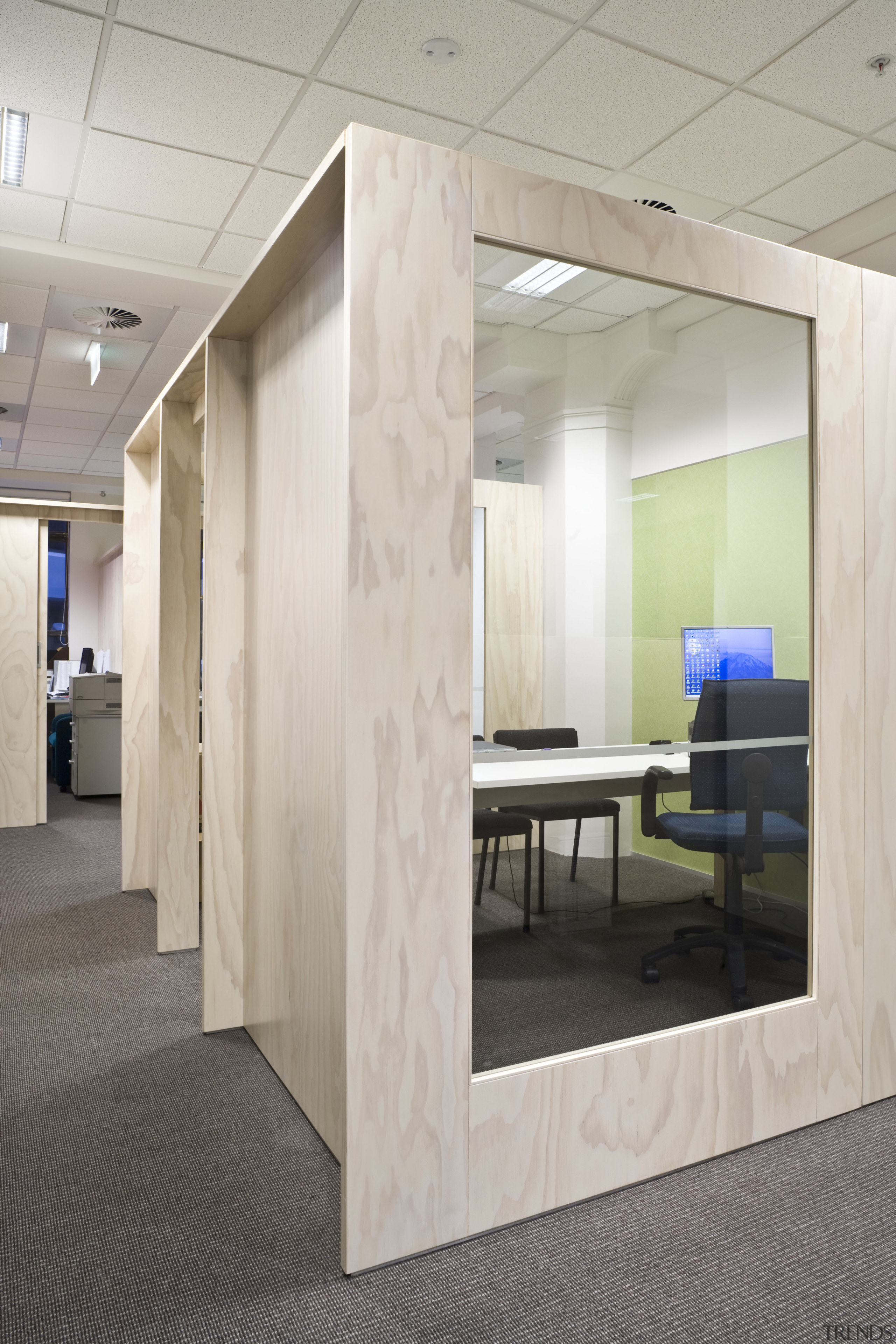 Interior view of Spicers office building which features architecture, ceiling, floor, flooring, furniture, interior design, office, wall, gray