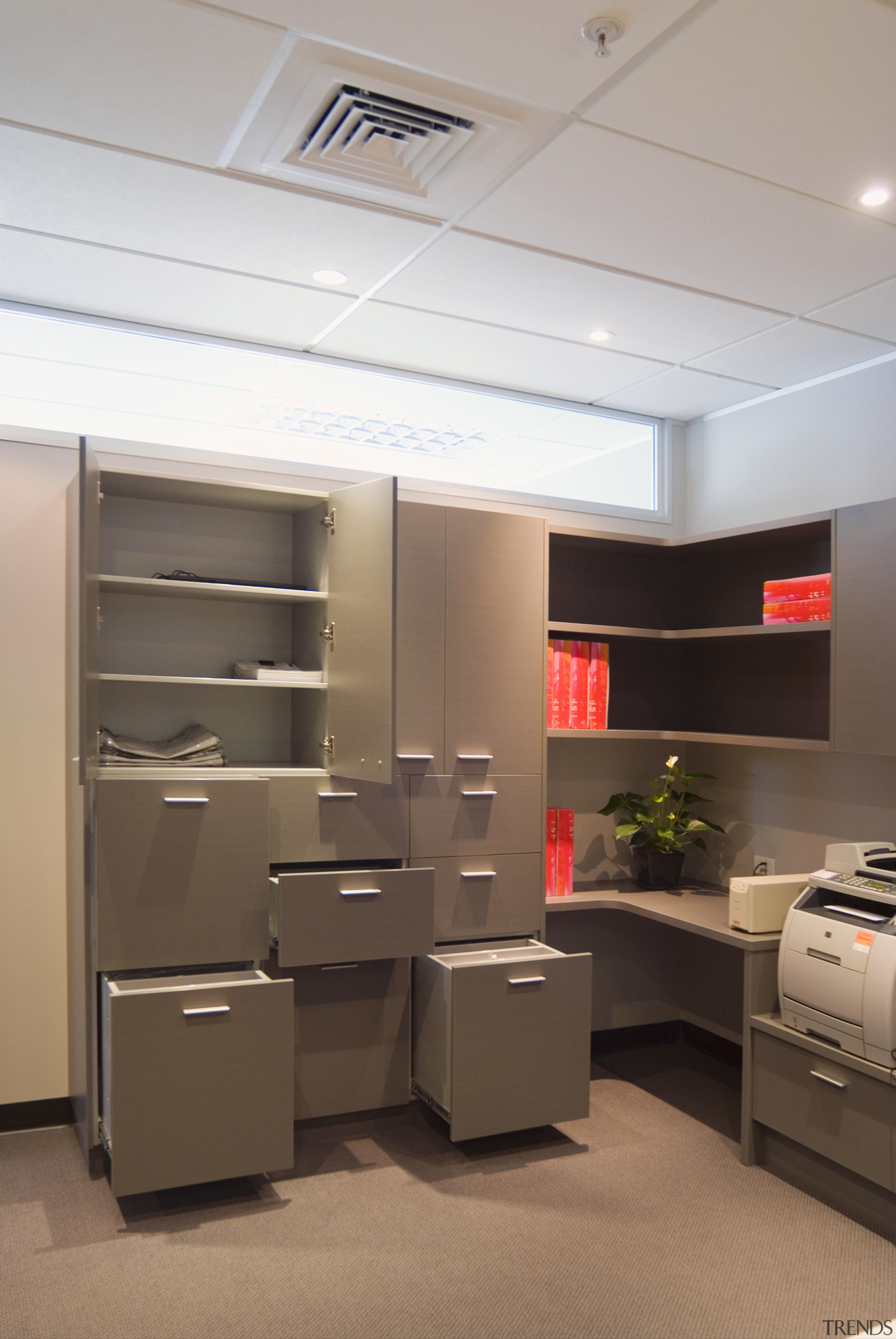 The built in cabinets feature Laminex low pressure ceiling, furniture, interior design, office, product design, brown