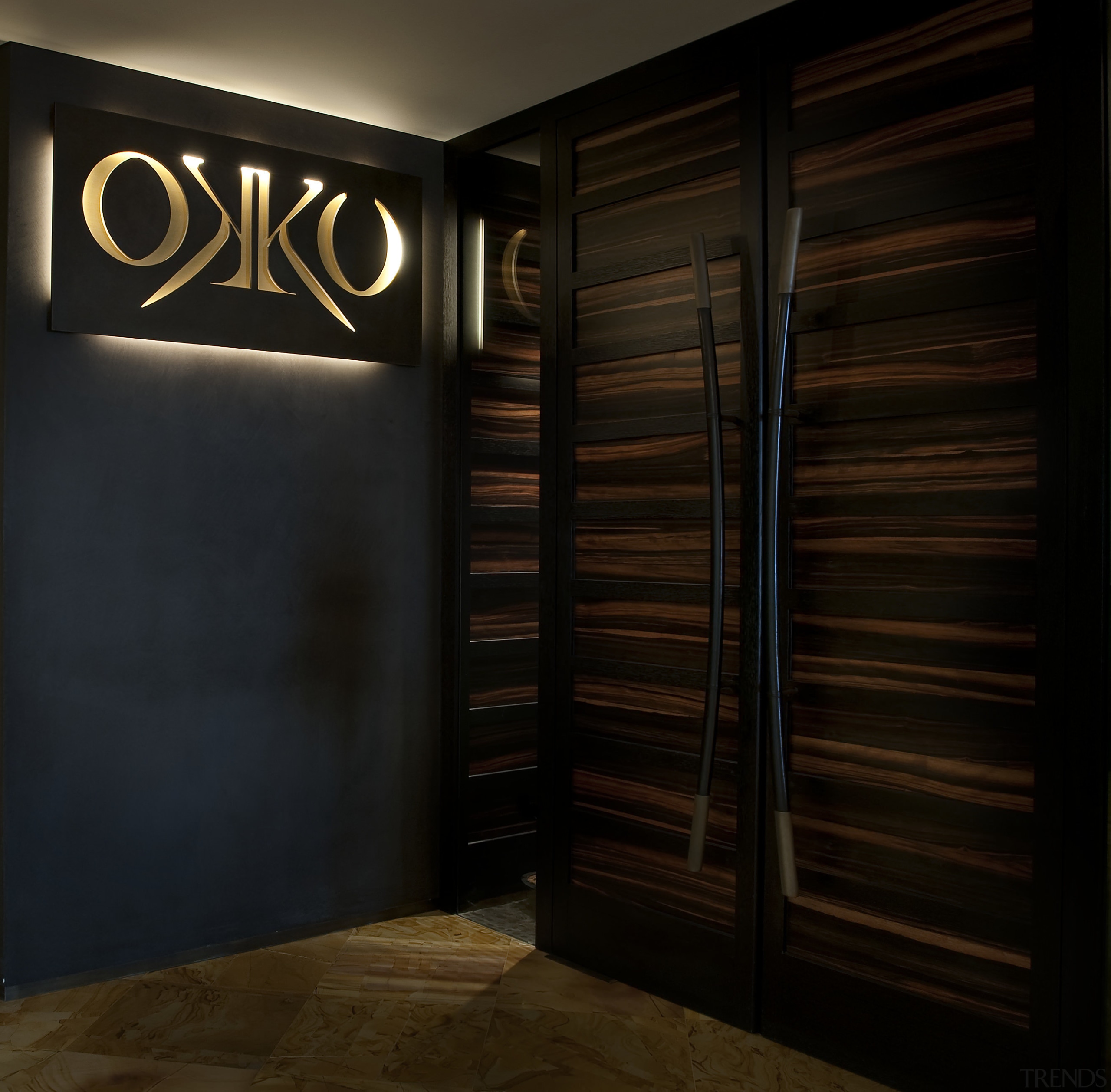 View of Okku Japanese Restaurant in the Monarch darkness, door, floor, flooring, interior design, light, lighting, wall, wood, black