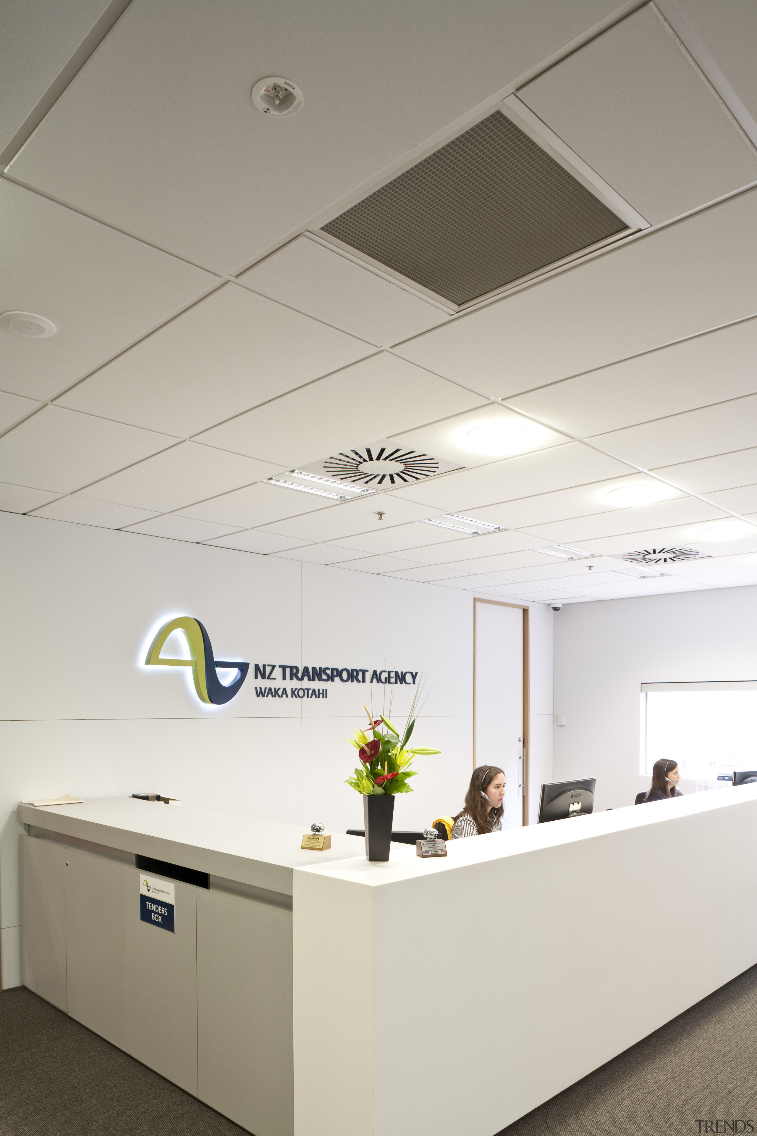 internal reception view of an office building of ceiling, interior design, office, product design, white, gray