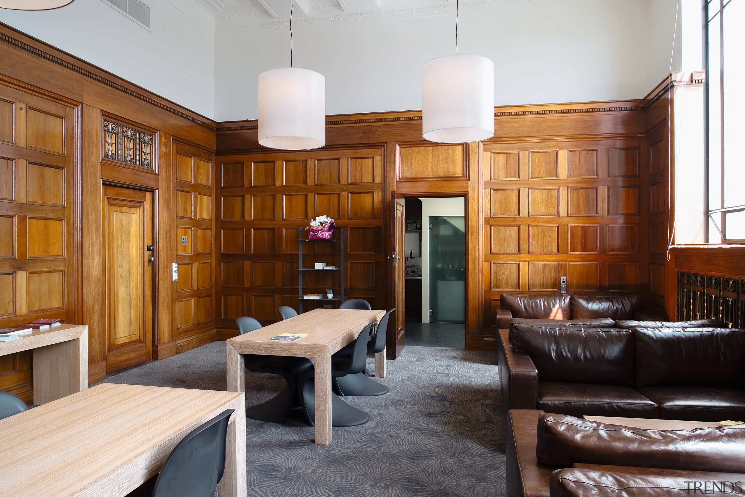 A view of the replica timber joinery and ceiling, interior design, real estate, white, brown