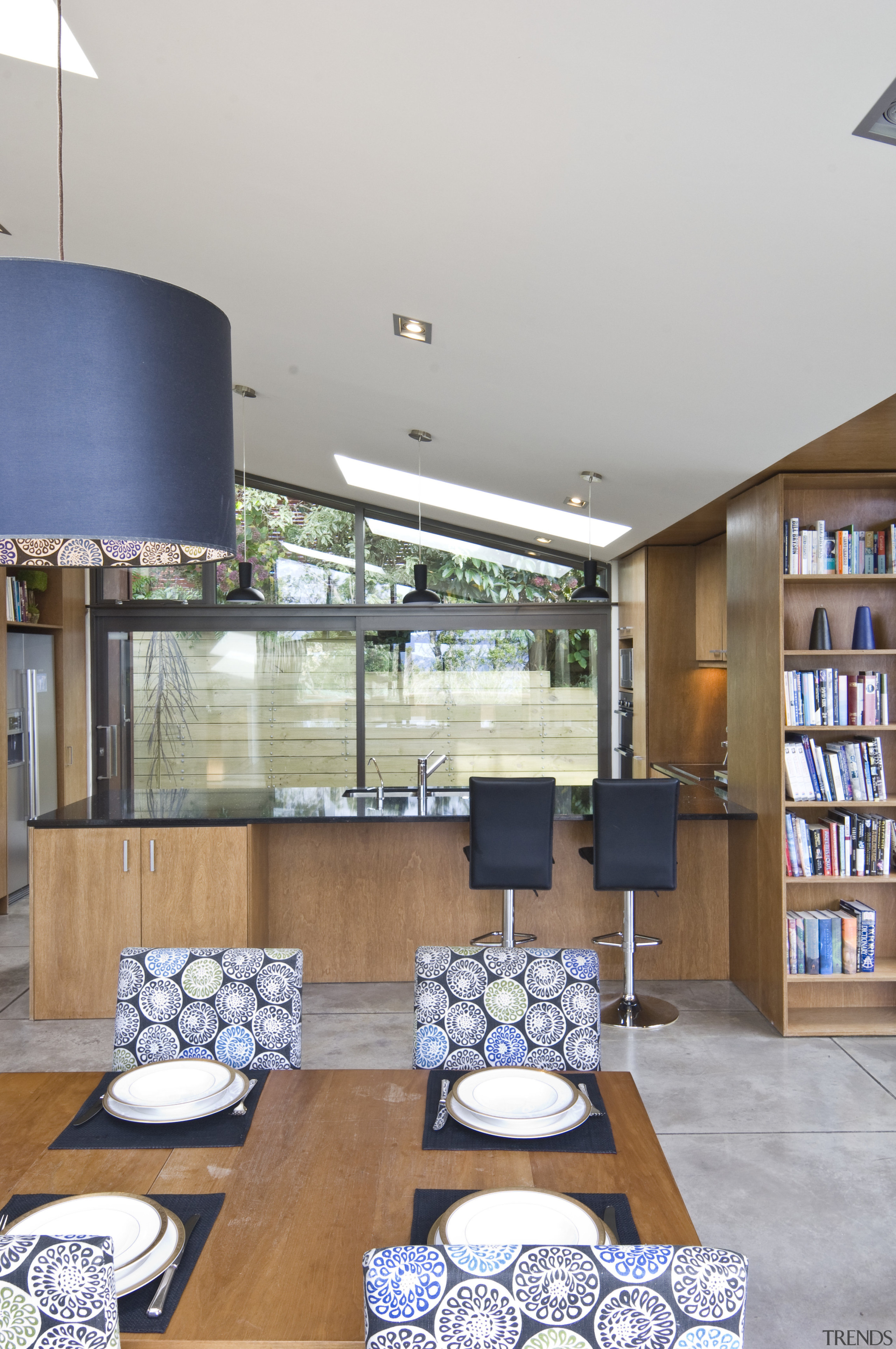 View of open-plan kitchen and dining area with architecture, ceiling, interior design, living room, white