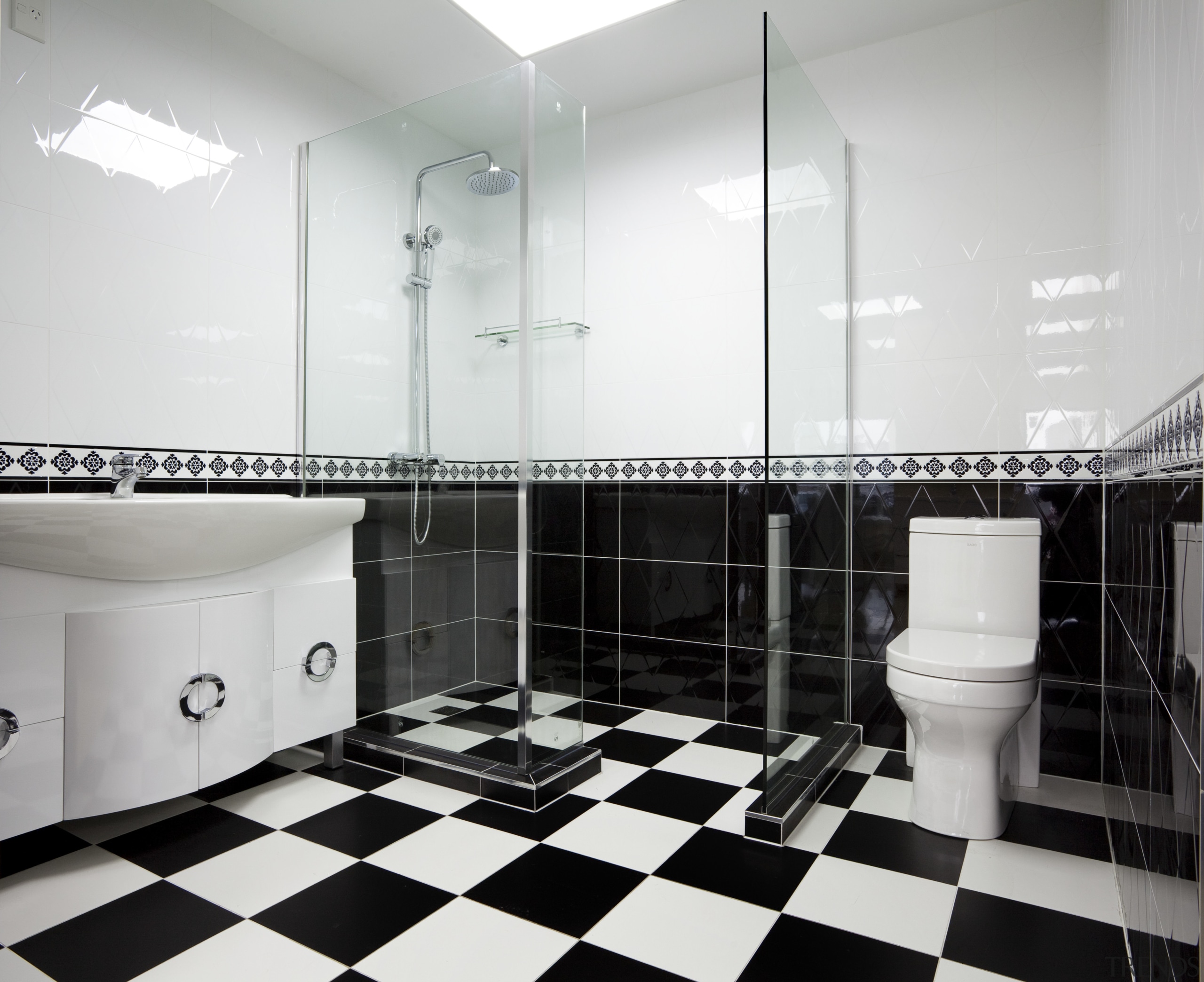 Bathroom with black and white checkered floor, black bathroom, black and white, floor, flooring, interior design, plumbing fixture, public toilet, room, tile, white, black