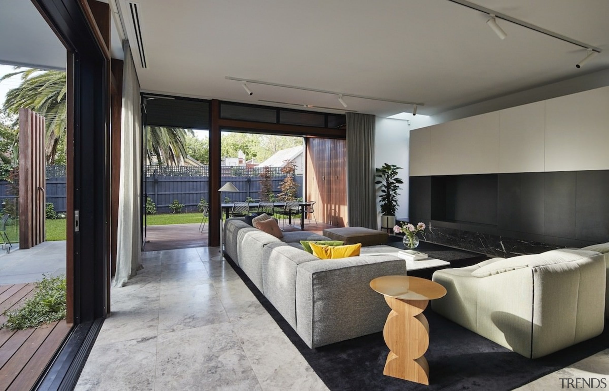 Floor to ceiling glass doors ring the living architecture, house, interior design, living room, property, real estate, gray, black