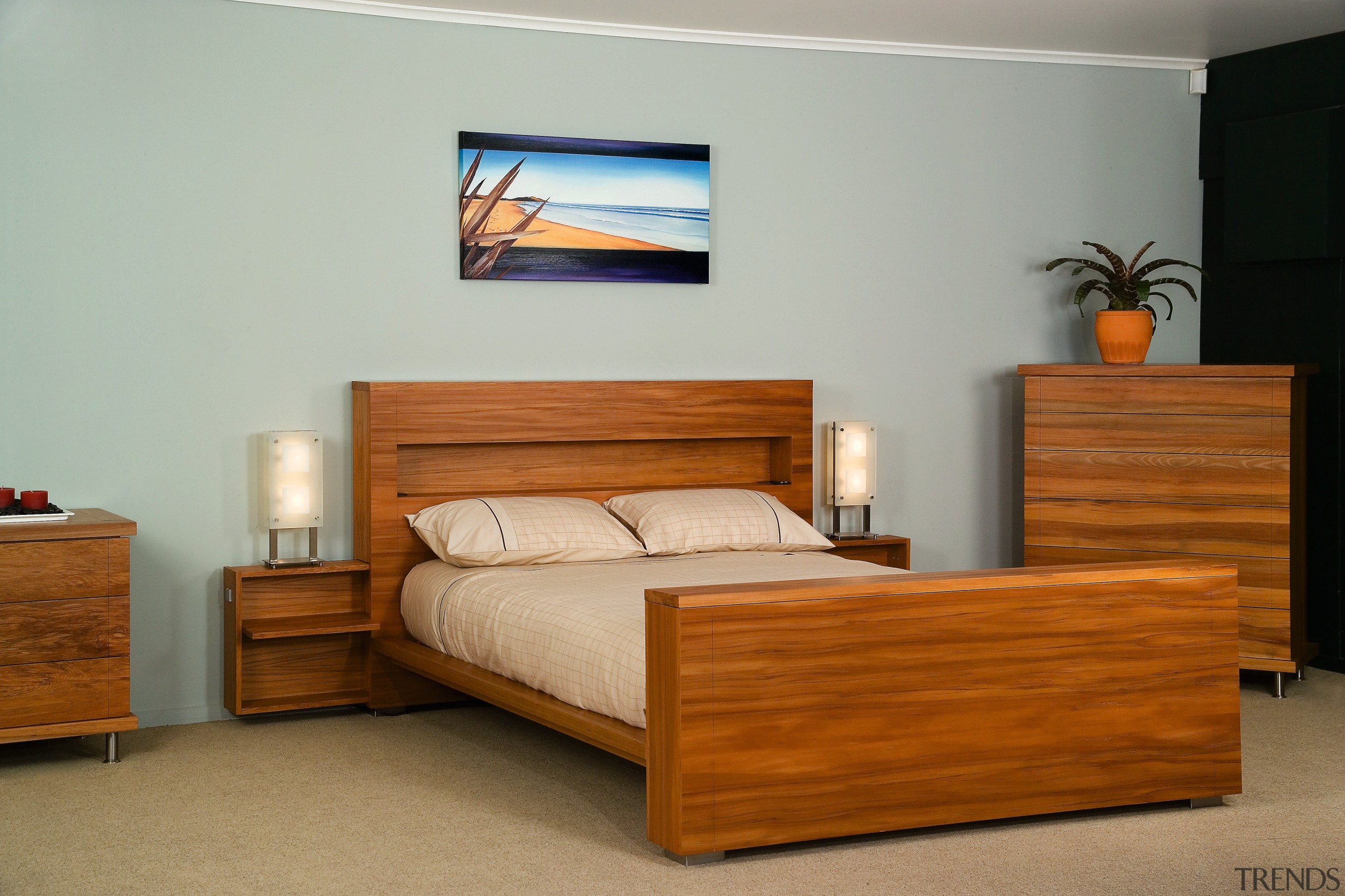 A view of some bedroom furniture from East bed, bed frame, bed sheet, bedroom, chest of drawers, drawer, floor, furniture, hardwood, interior design, mattress, nightstand, product, room, wood, gray, brown