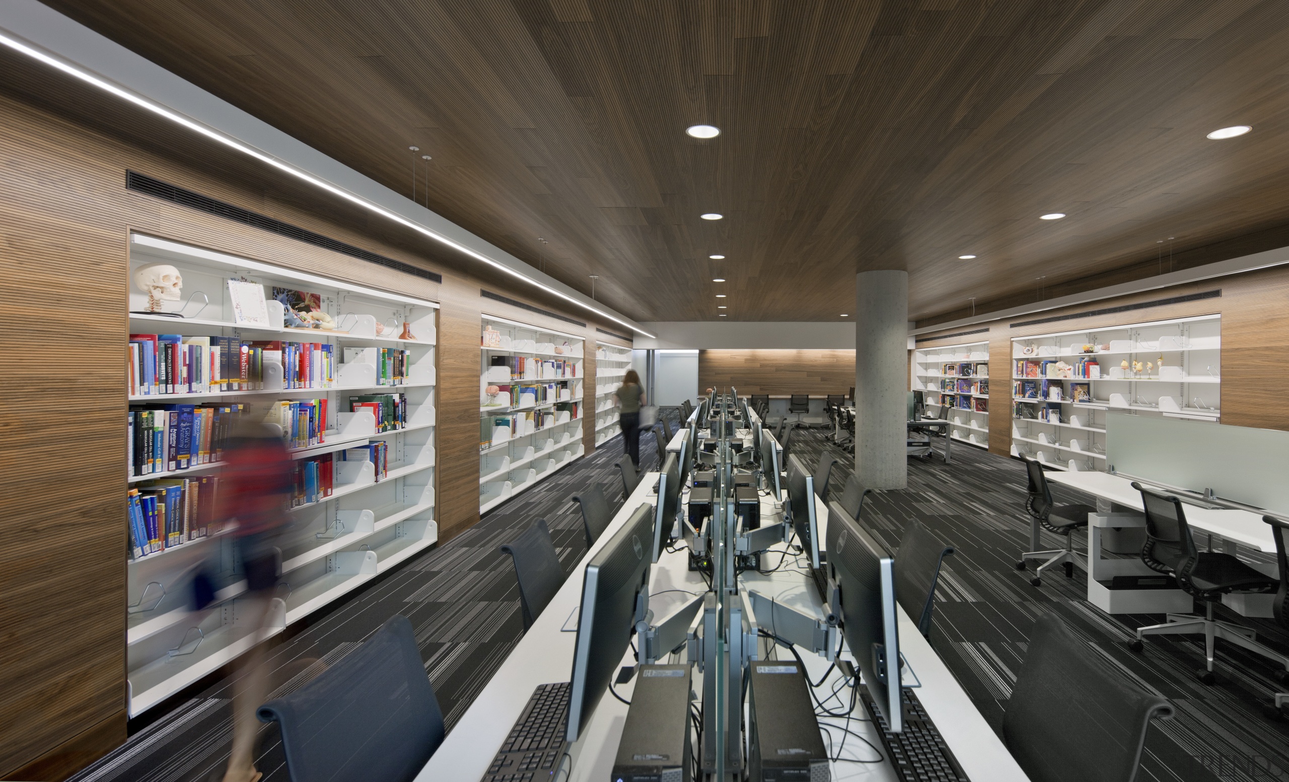 :The second-floor learning commons at this education facility institution, interior design, brown, gray