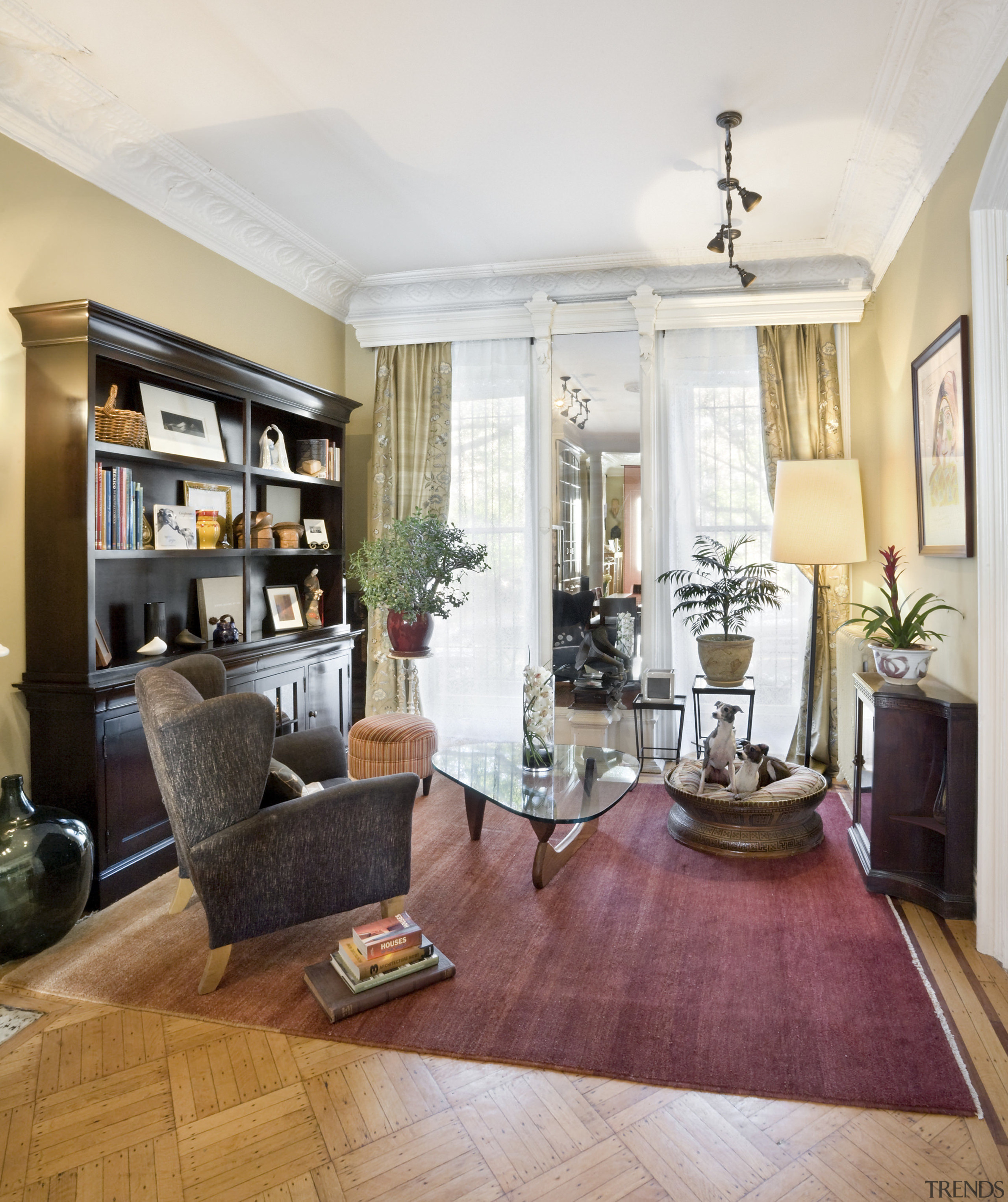 View of a lounge area with lounge suite, ceiling, floor, flooring, hardwood, home, interior design, living room, lobby, property, real estate, room, wood flooring, white