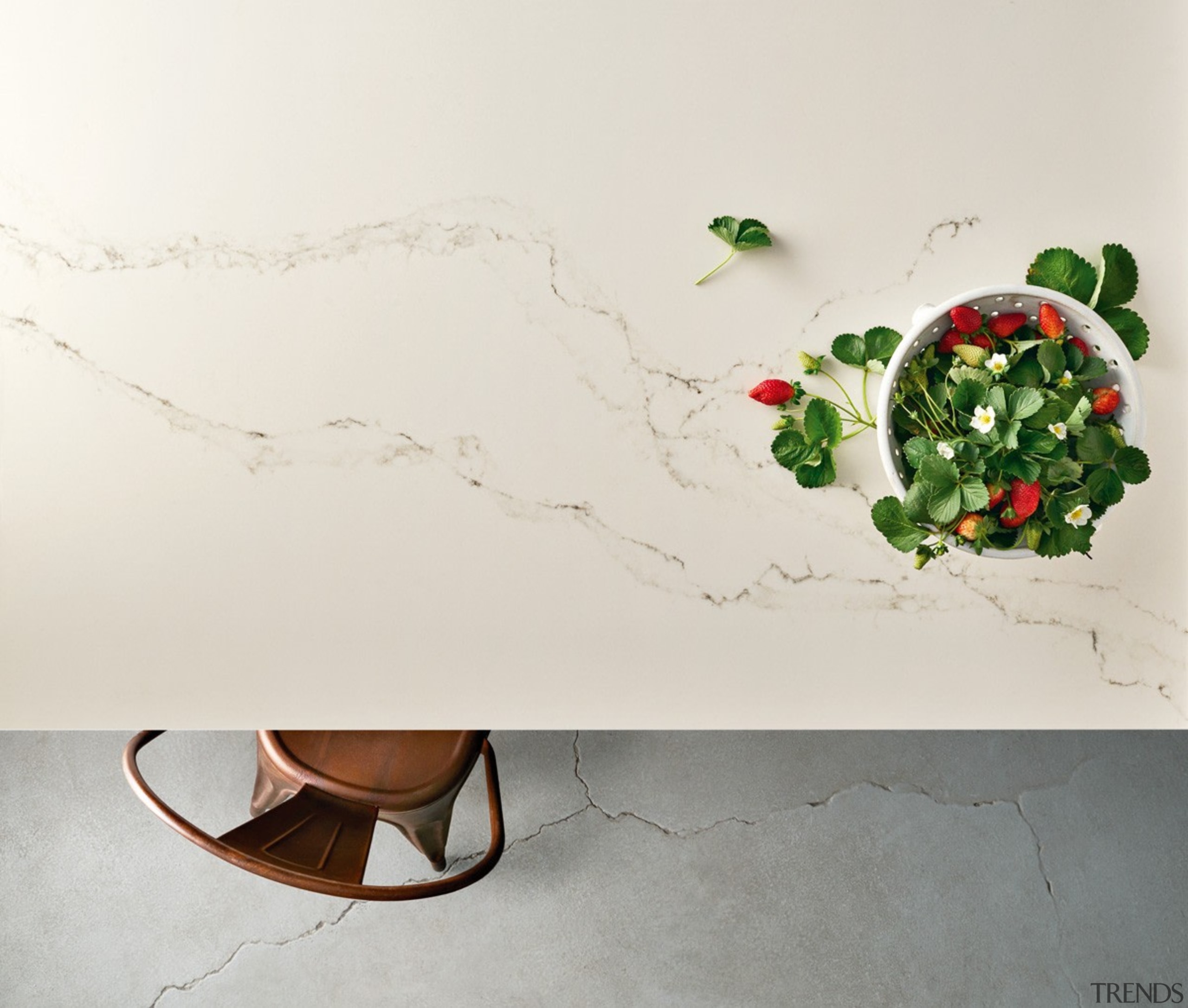 Caesarstone's interpretation of Statuario marble; Statuario Nuvo brings flowerpot, furniture, product design, still life photography, table, white