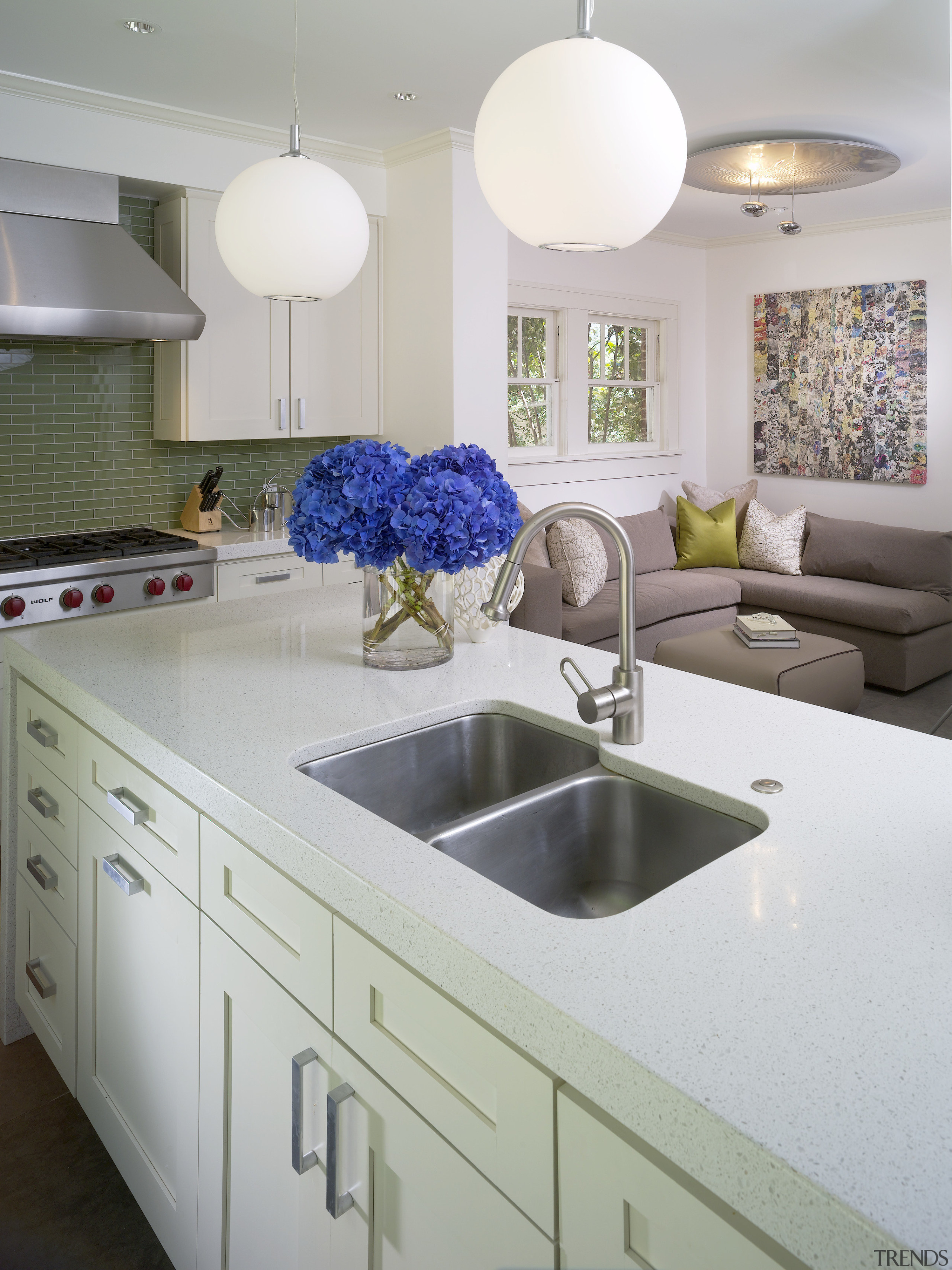 View of kitchen featuring island with CaesarStone countertops, ceiling, countertop, home, interior design, kitchen, room, gray