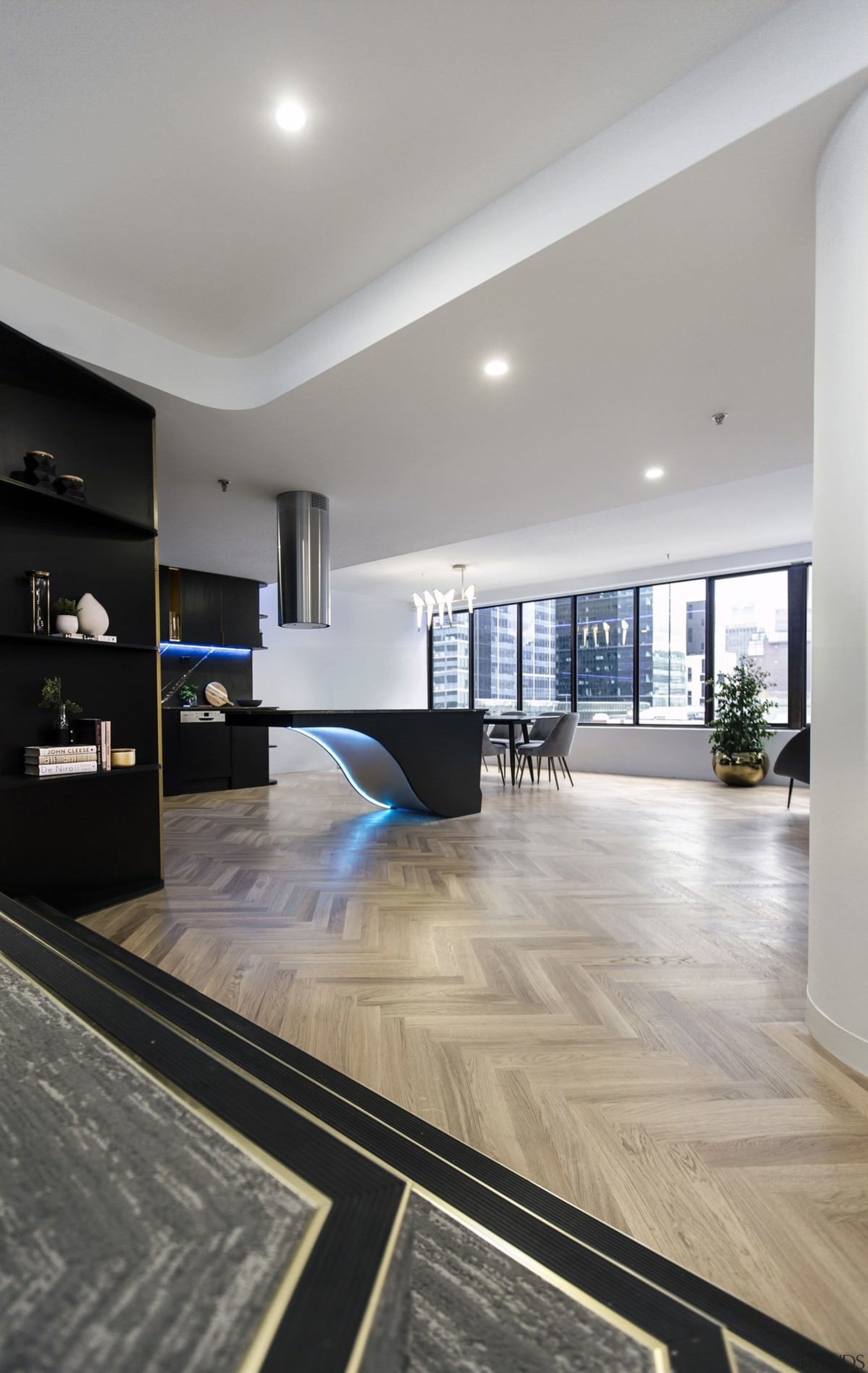A wood floor draws the eye down - apartment, architecture, ceiling, daylighting, floor, flooring, hardwood, house, interior design, laminate flooring, living room, real estate, tile, wood, wood flooring, gray