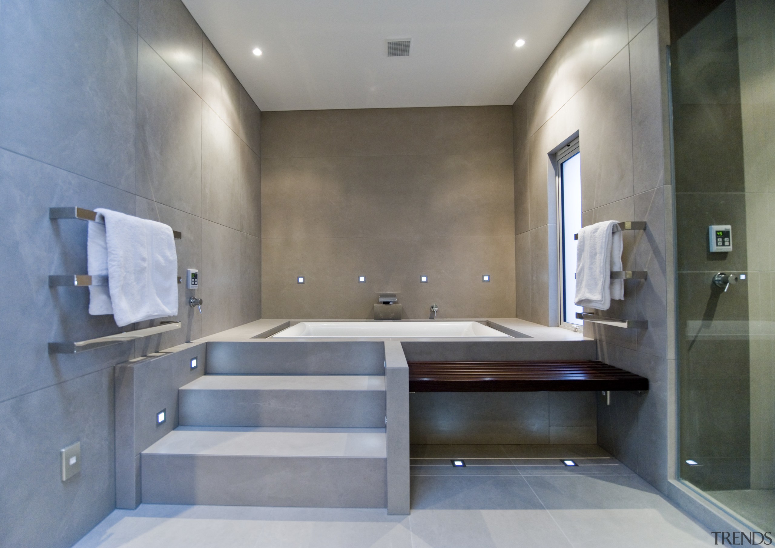 View of a bathroom designed by Peter Young; architecture, bathroom, ceiling, floor, interior design, room, gray