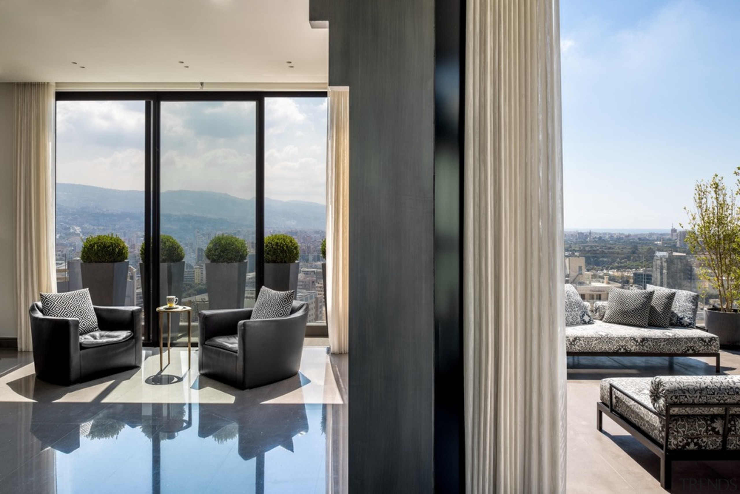 ​​​​​​​- Leather Armchairs: Erba Italia- Side table: R&amp;Y apartment, architecture, building, door, floor, furniture, glass, home, house, interior design, living room, penthouse apartment, property, real estate, room, suite, window, gray