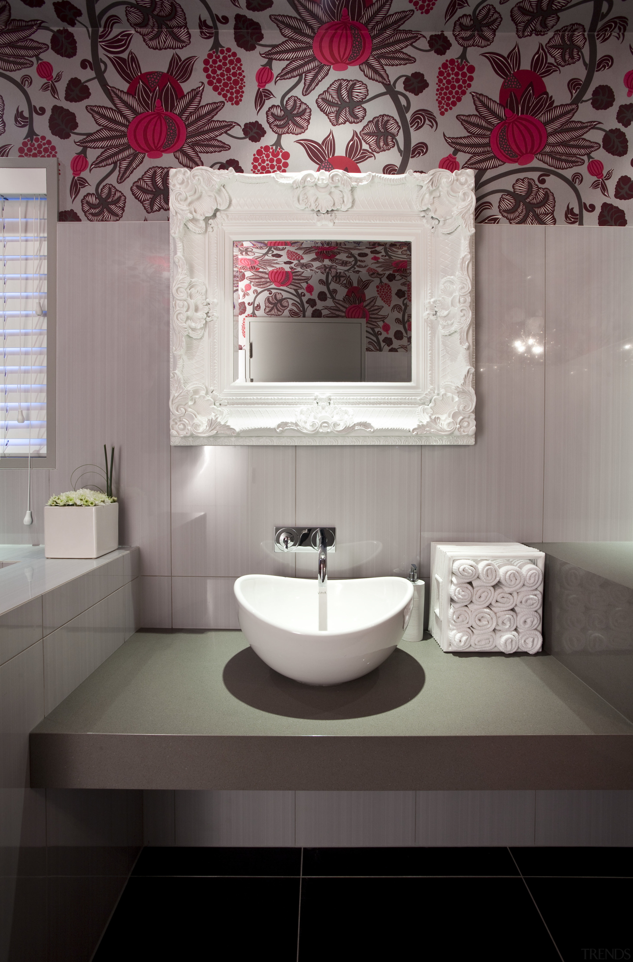 Bathroom with flower patterned wall, mirror with thick bathroom, ceiling, ceramic, floor, flooring, interior design, product design, room, sink, tile, wall, gray, black