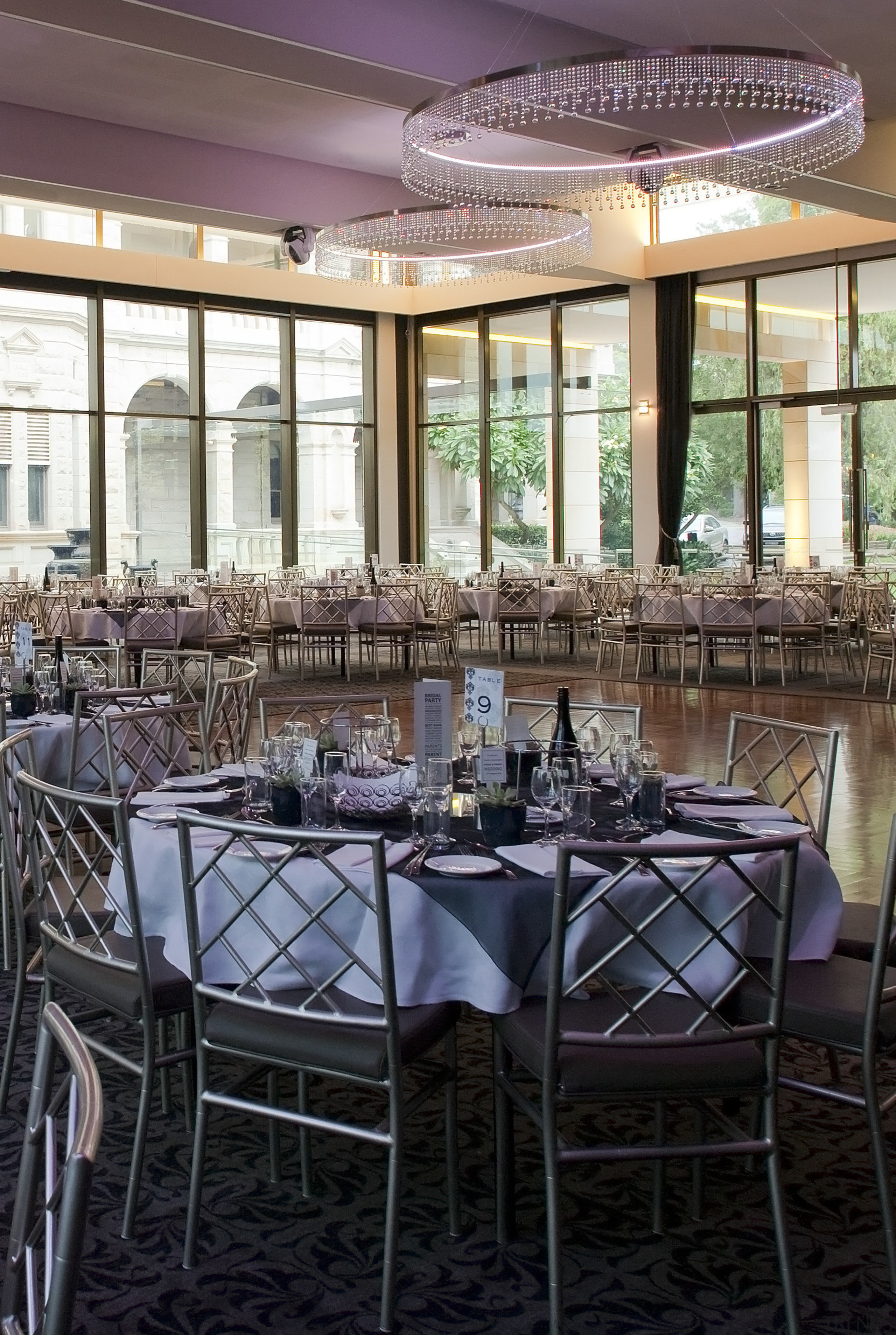 Interior view of the dining hall - Interior ceremony, chair, dining room, function hall, furniture, interior design, restaurant, table, black