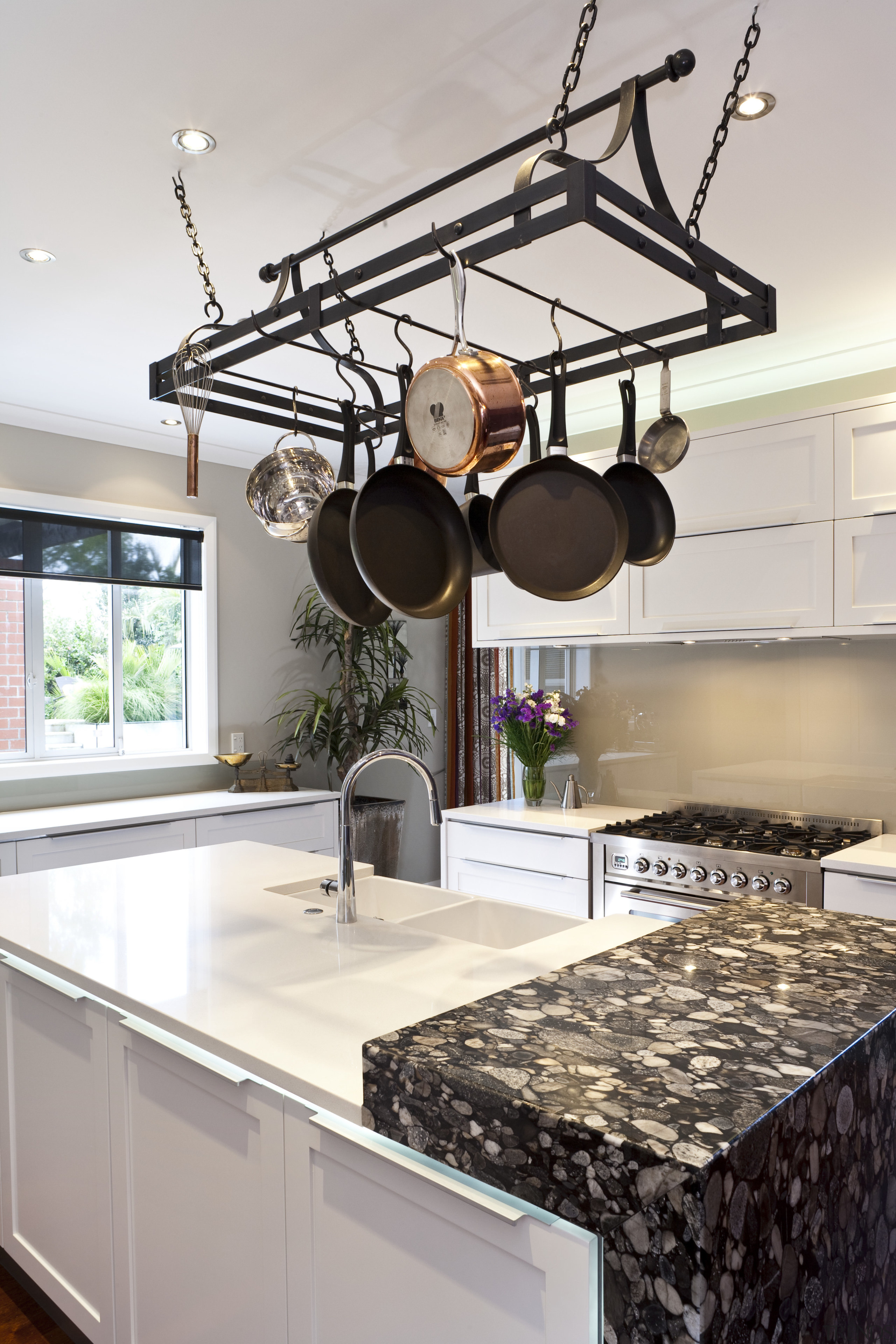 The kitchen features CaesarStone and Nero Marinace granite countertop, home, interior design, kitchen, room, gray