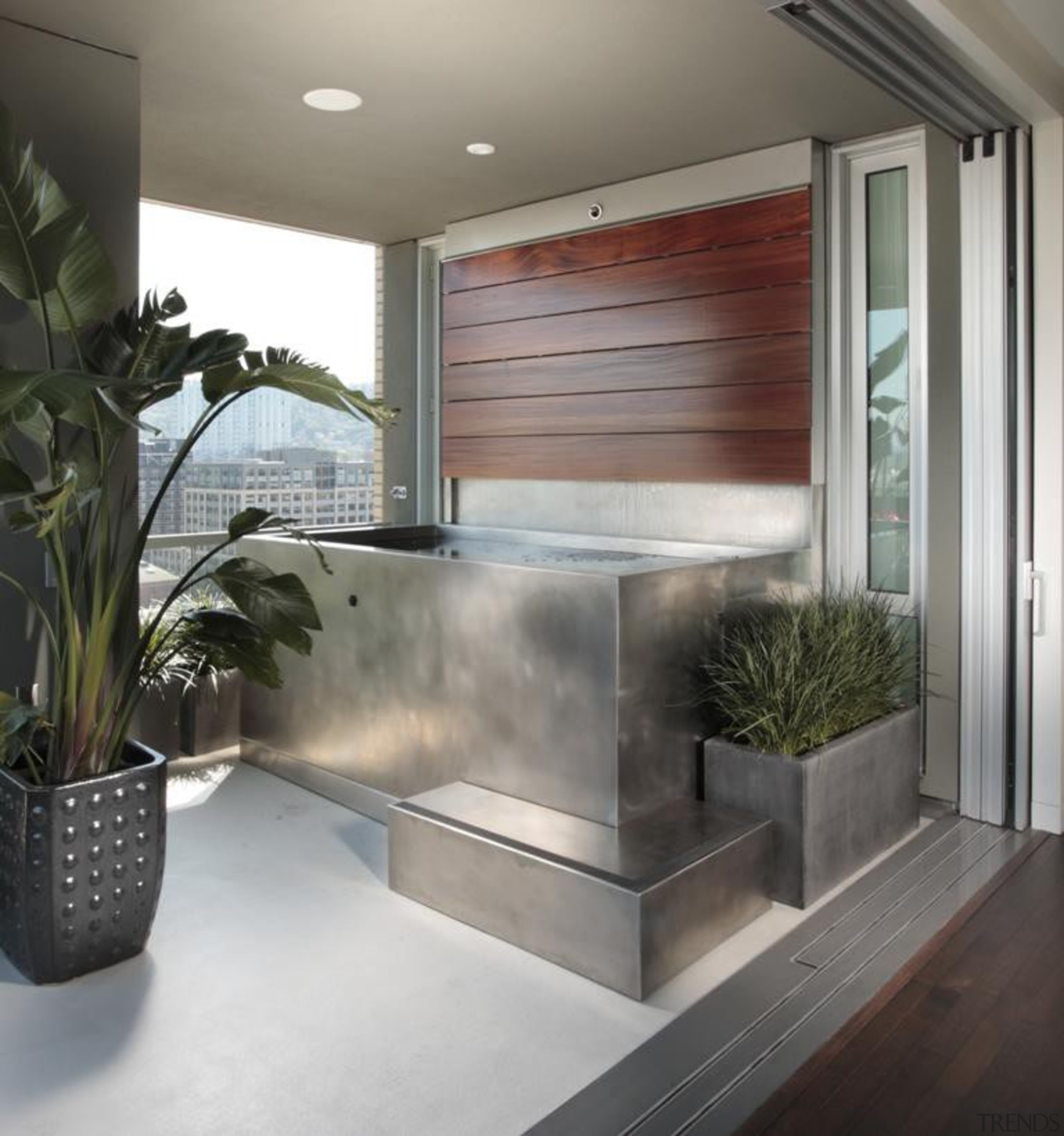 Custom Stainless Steel Spa with Intergrated Water Wall interior design, wall, gray