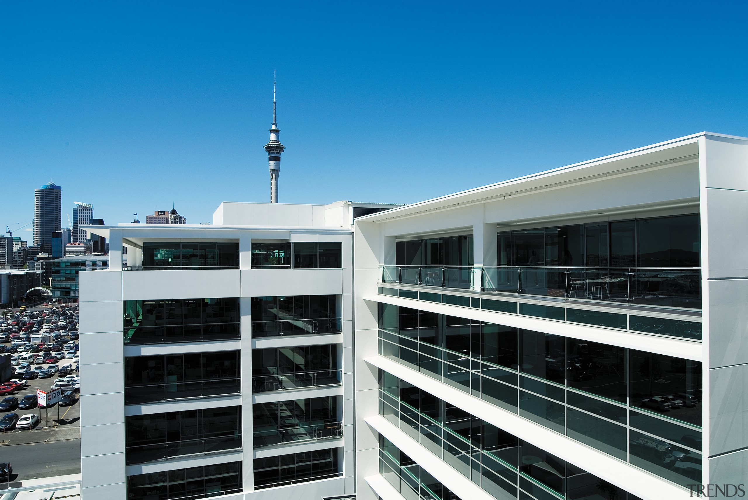 A view of the AirNZ building. - A architecture, building, city, condominium, corporate headquarters, sky, teal, black