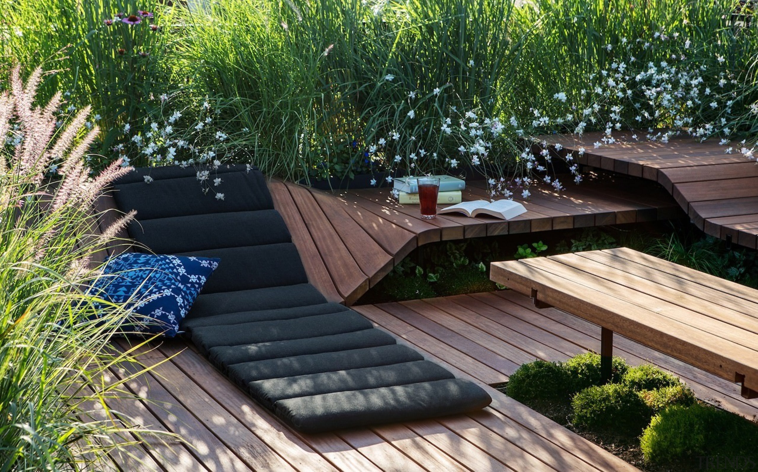 Architect: J.Roc Design backyard, deck, grass, outdoor furniture, outdoor structure, plant, sunlounger, green, black