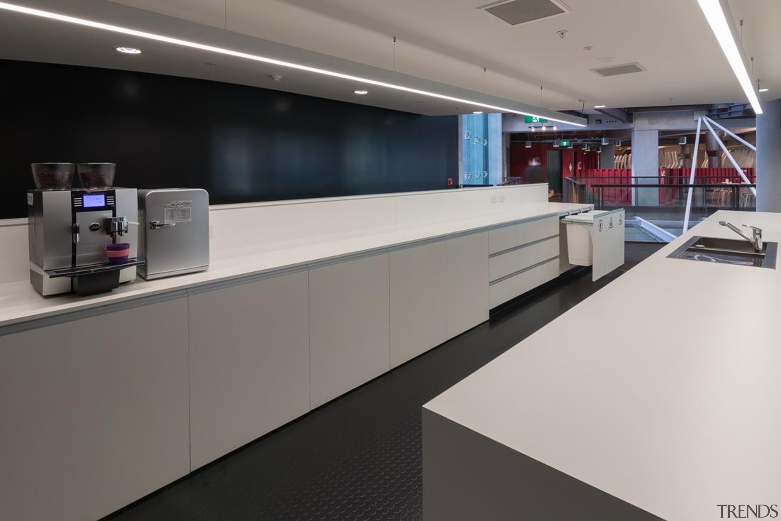 A functional, modern kitchen with a recycling system interior design, office, product design, gray, black