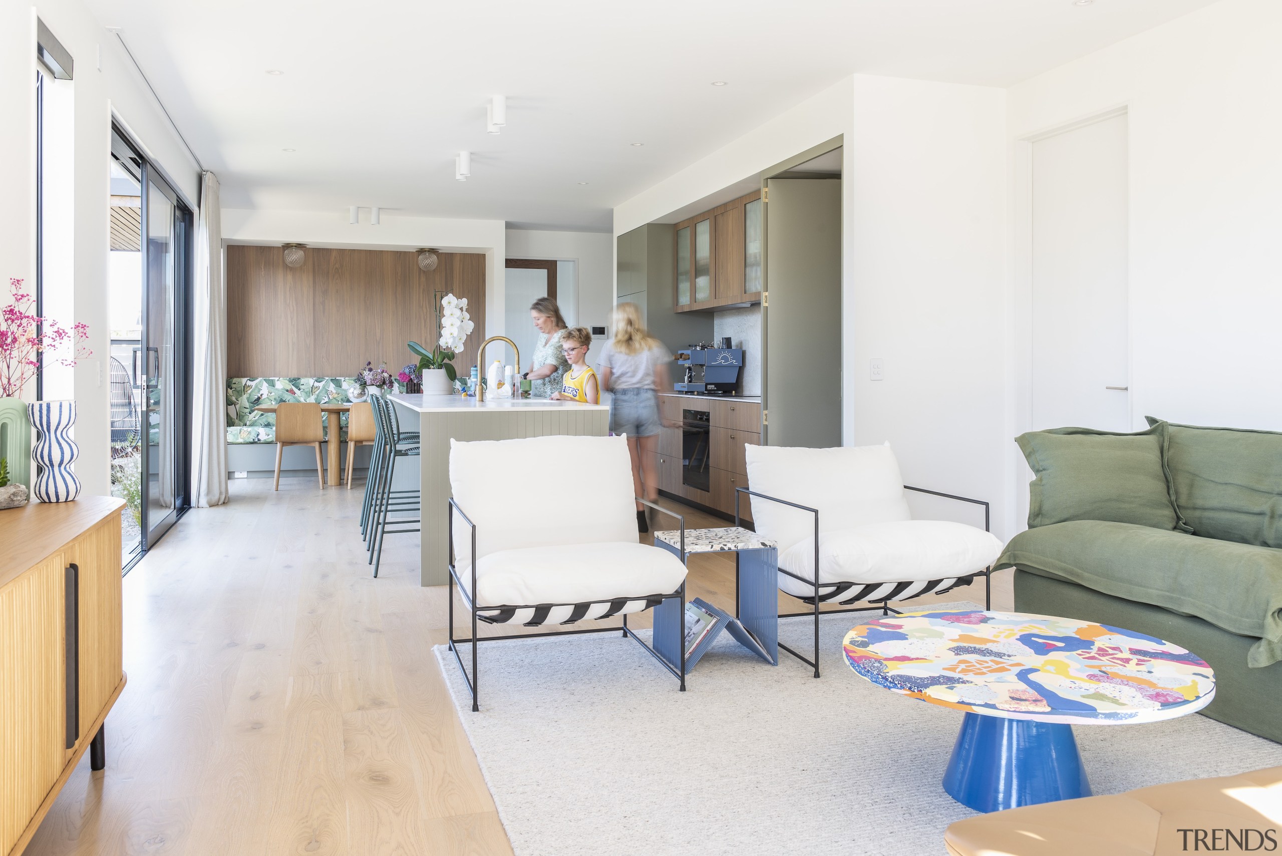 The multi-coloured resin-topped coffee table is a fun 